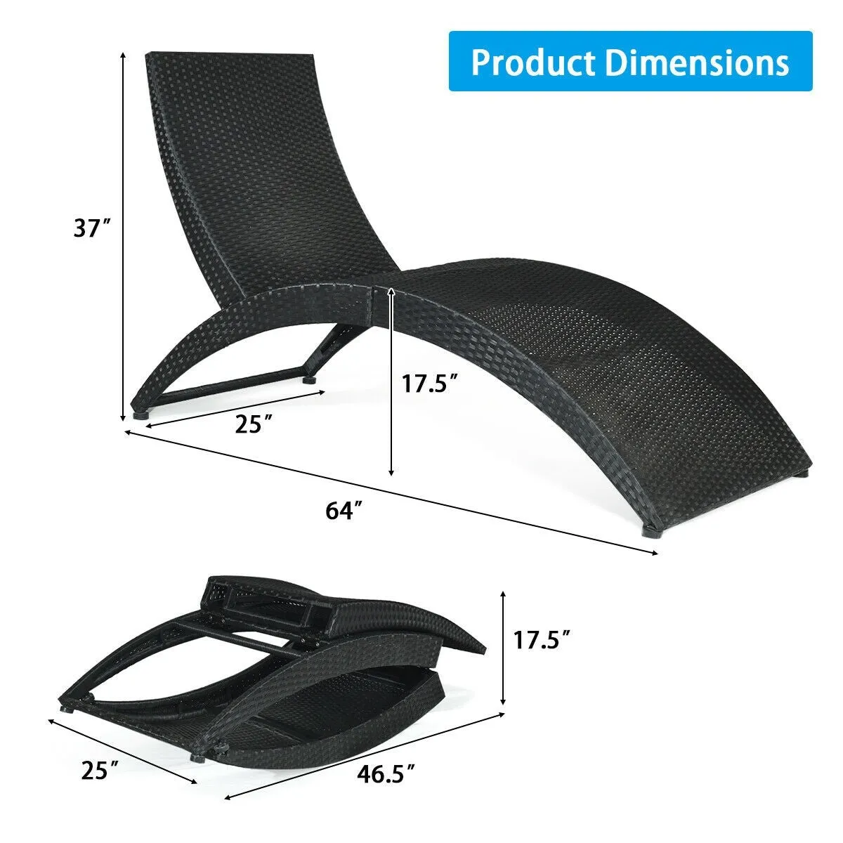 Folding Patio Rattan Portable Lounge Chair Chaise with Cushion/Turquoise
