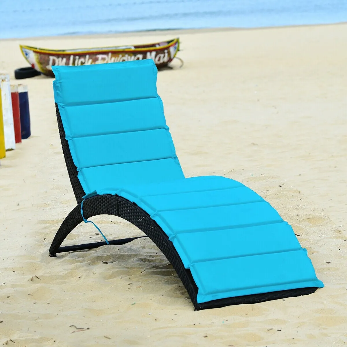 Folding Patio Rattan Portable Lounge Chair Chaise with Cushion/Turquoise
