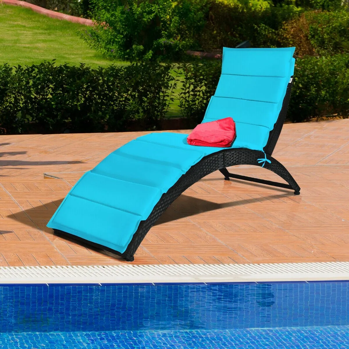 Folding Patio Rattan Portable Lounge Chair Chaise with Cushion/Turquoise