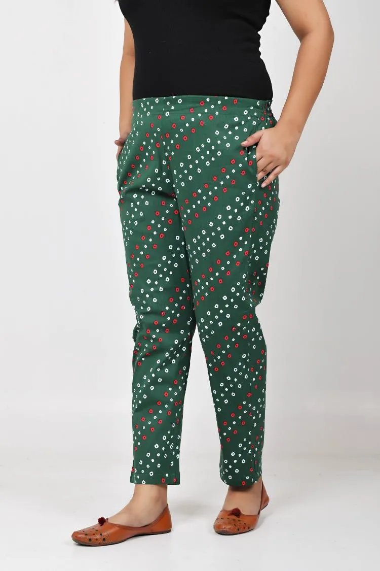 Green Bandhani Lycra Stretch Pants