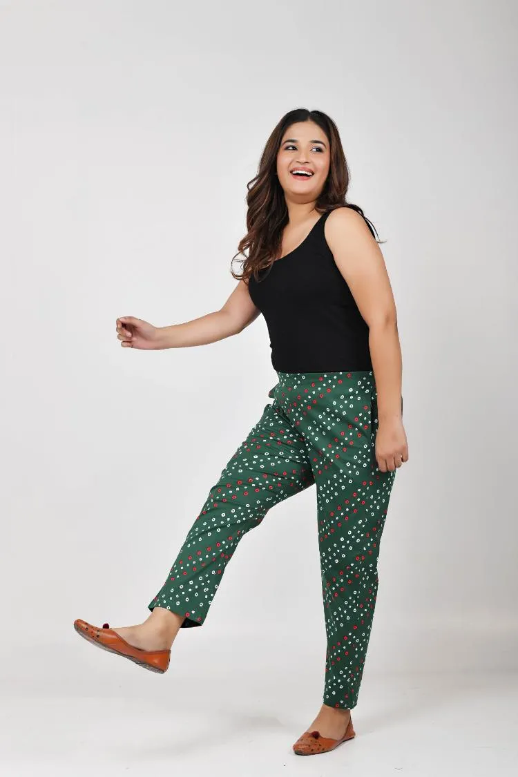 Green Bandhani Lycra Stretch Pants