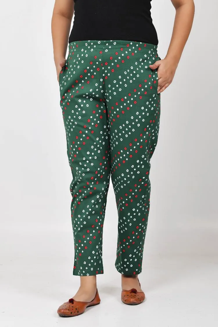 Green Bandhani Lycra Stretch Pants