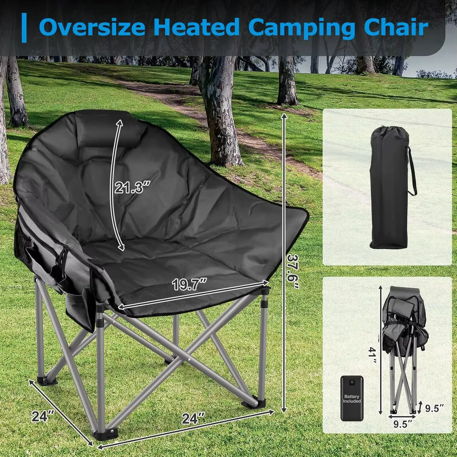 Heated Camping Chair, Oversized Heated Chairs with 20000 Mah Power Bank for Adults 3 Heat Levels, Portable Folding Padded Chair
