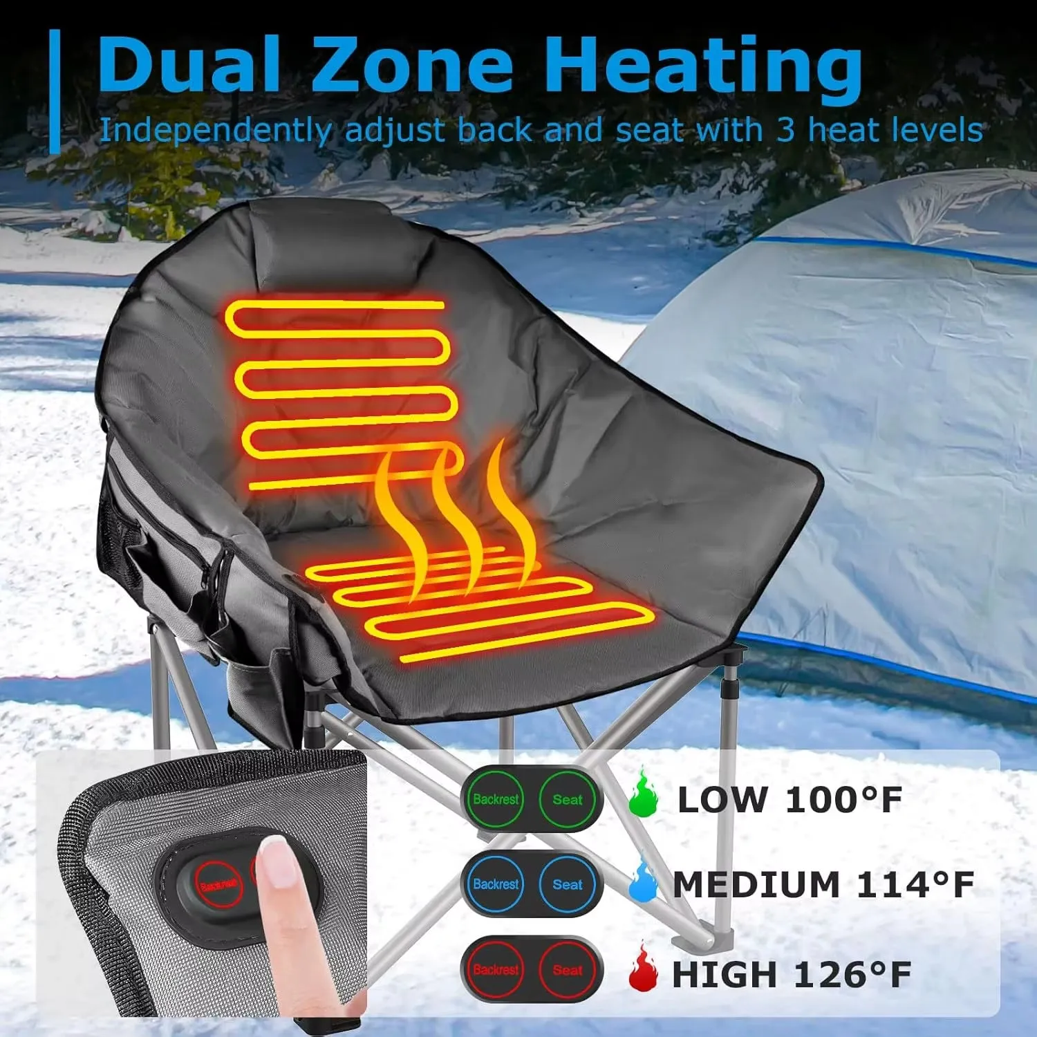 Heated Camping Chair, Oversized Heated Chairs with 20000 Mah Power Bank for Adults 3 Heat Levels, Portable Folding Padded Chair