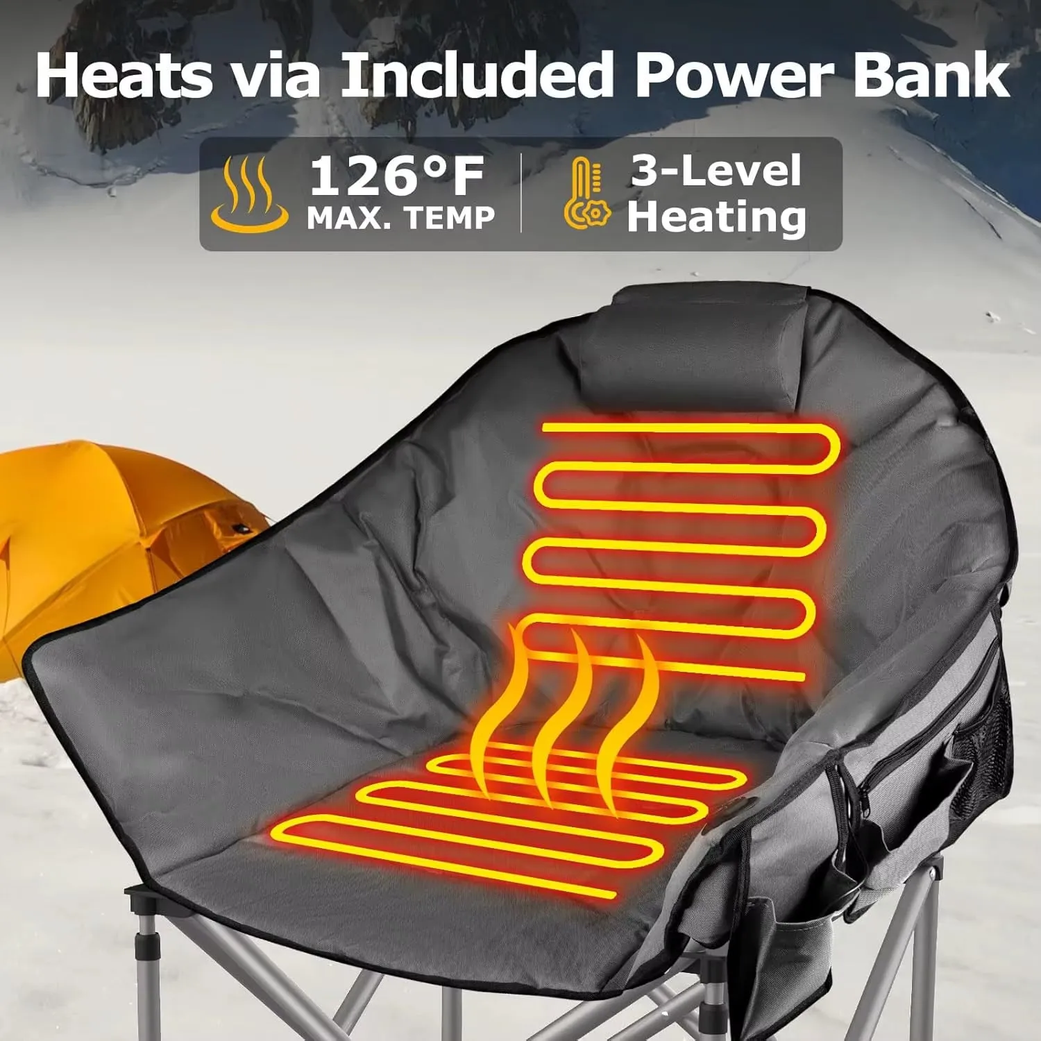 Heated Camping Chair, Oversized Heated Chairs with 20000 Mah Power Bank for Adults 3 Heat Levels, Portable Folding Padded Chair