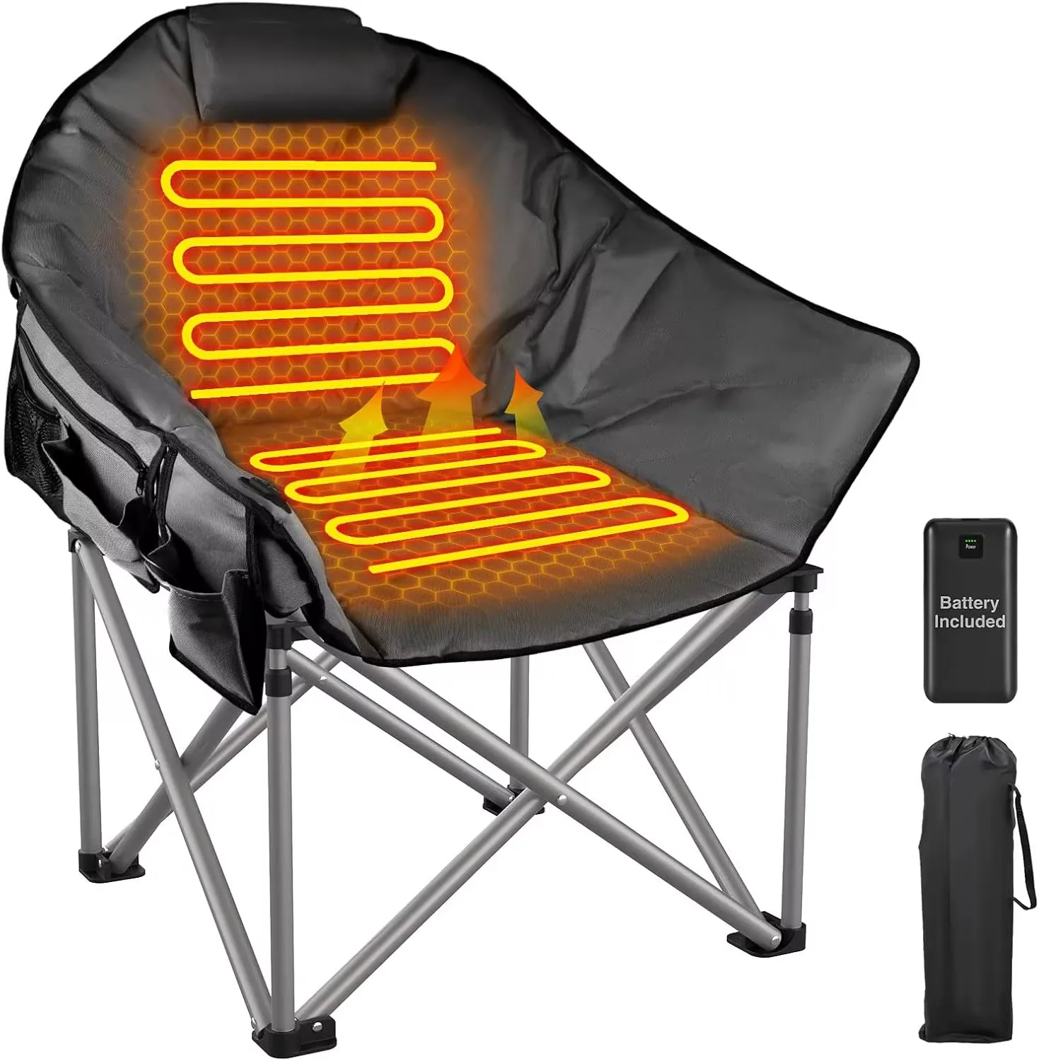 Heated Camping Chair, Oversized Heated Chairs with 20000 Mah Power Bank for Adults 3 Heat Levels, Portable Folding Padded Chair