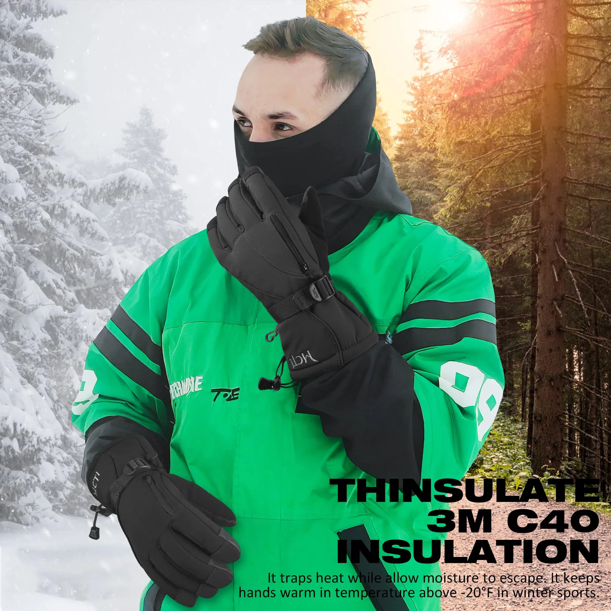 MCTi Waterproof Mens Ski Gloves Winter Warm 3M Thinsulate Snowboard Snowmobile Cold Weather Gloves Black Large
