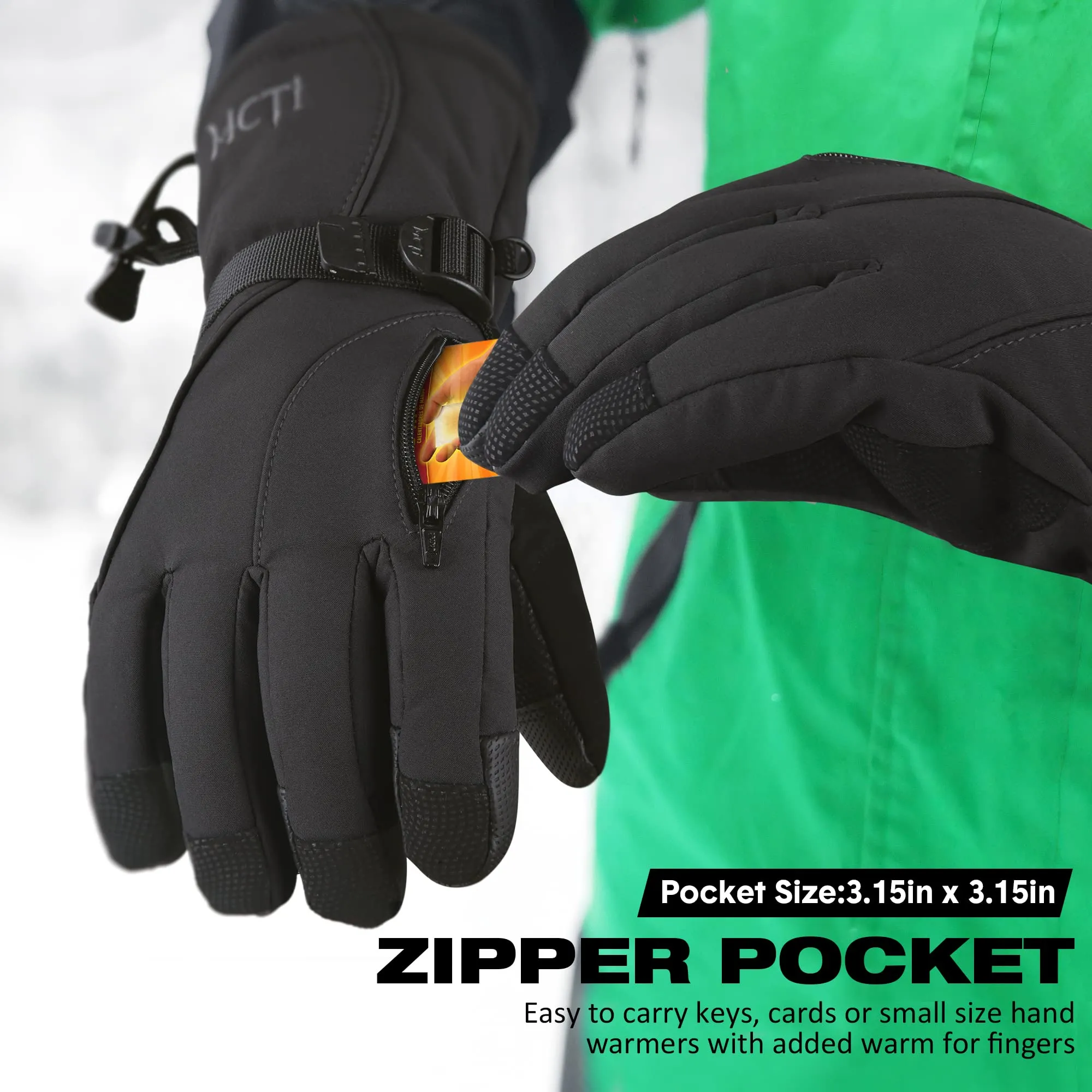 MCTi Waterproof Mens Ski Gloves Winter Warm 3M Thinsulate Snowboard Snowmobile Cold Weather Gloves Black Large