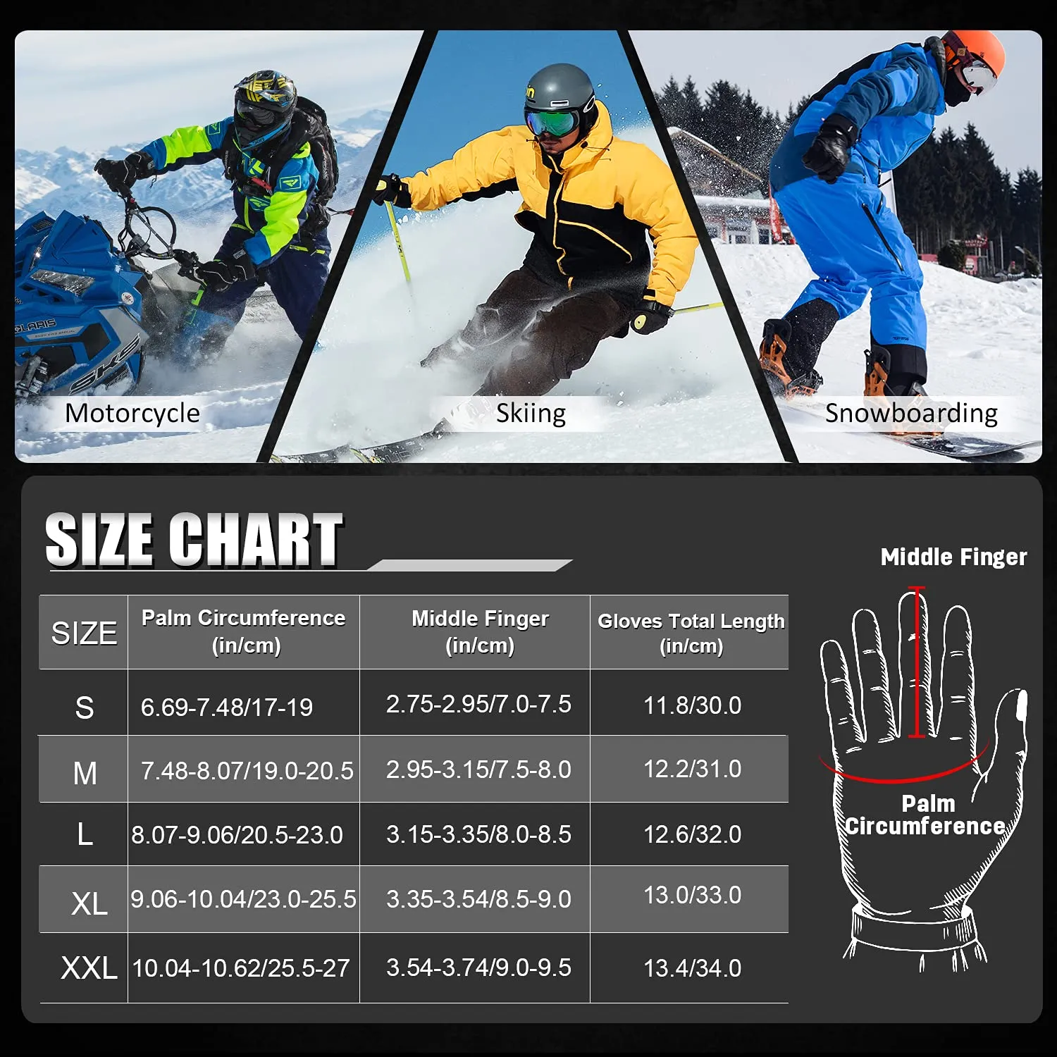 MCTi Waterproof Mens Ski Gloves Winter Warm 3M Thinsulate Snowboard Snowmobile Cold Weather Gloves Black Large