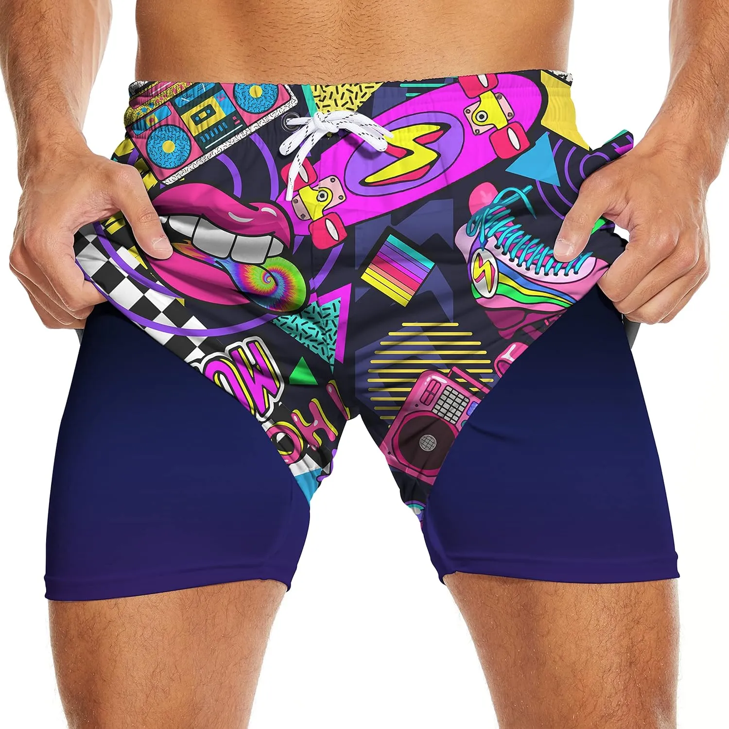 Mens Swim Trunks with Compression Liner 7" Bathing Suit Swimming Shorts Quick Dry Board Shorts Swimsuits with Pockets