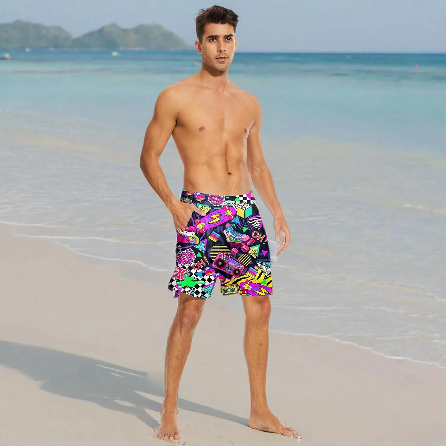 Mens Swim Trunks with Compression Liner 7" Bathing Suit Swimming Shorts Quick Dry Board Shorts Swimsuits with Pockets