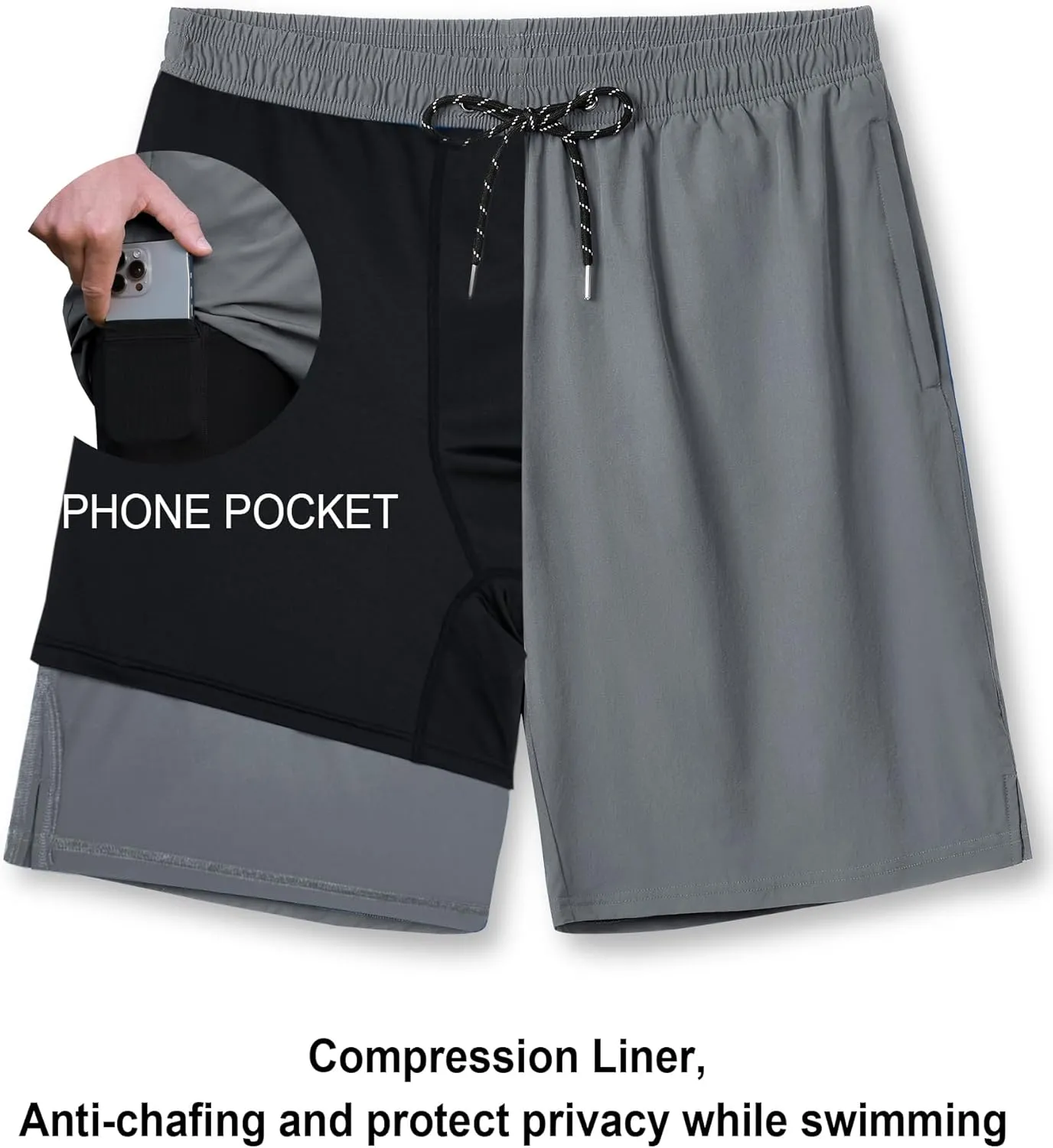 Milin Naco Swim Trunks 9 Inch Compression Liner 2 in 1 Quick Dry Swimming Shorts with Zip Pockets Drawstring Bathing Suits