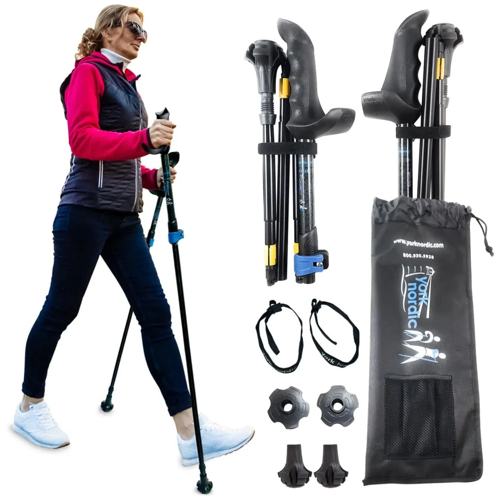 Motivator Folding Travel Poles for Balance and Rehab - Patented Stability Grips - Lightweight, Adjustable and Foldable includes Detachable Feet and Travel Bag