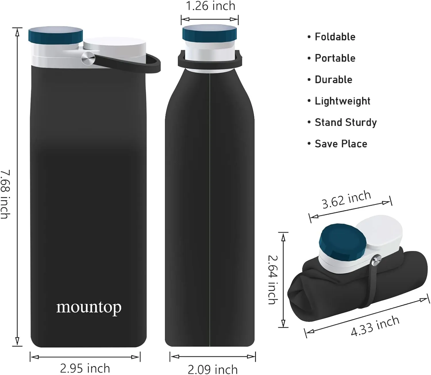 mountop Collapsible Water Bottle, Portable Food Grade Silicone Foldable Travel Reusable Leak Proof Water Bottles for Traveling Running Fitness BPA Free, 20oz, Black