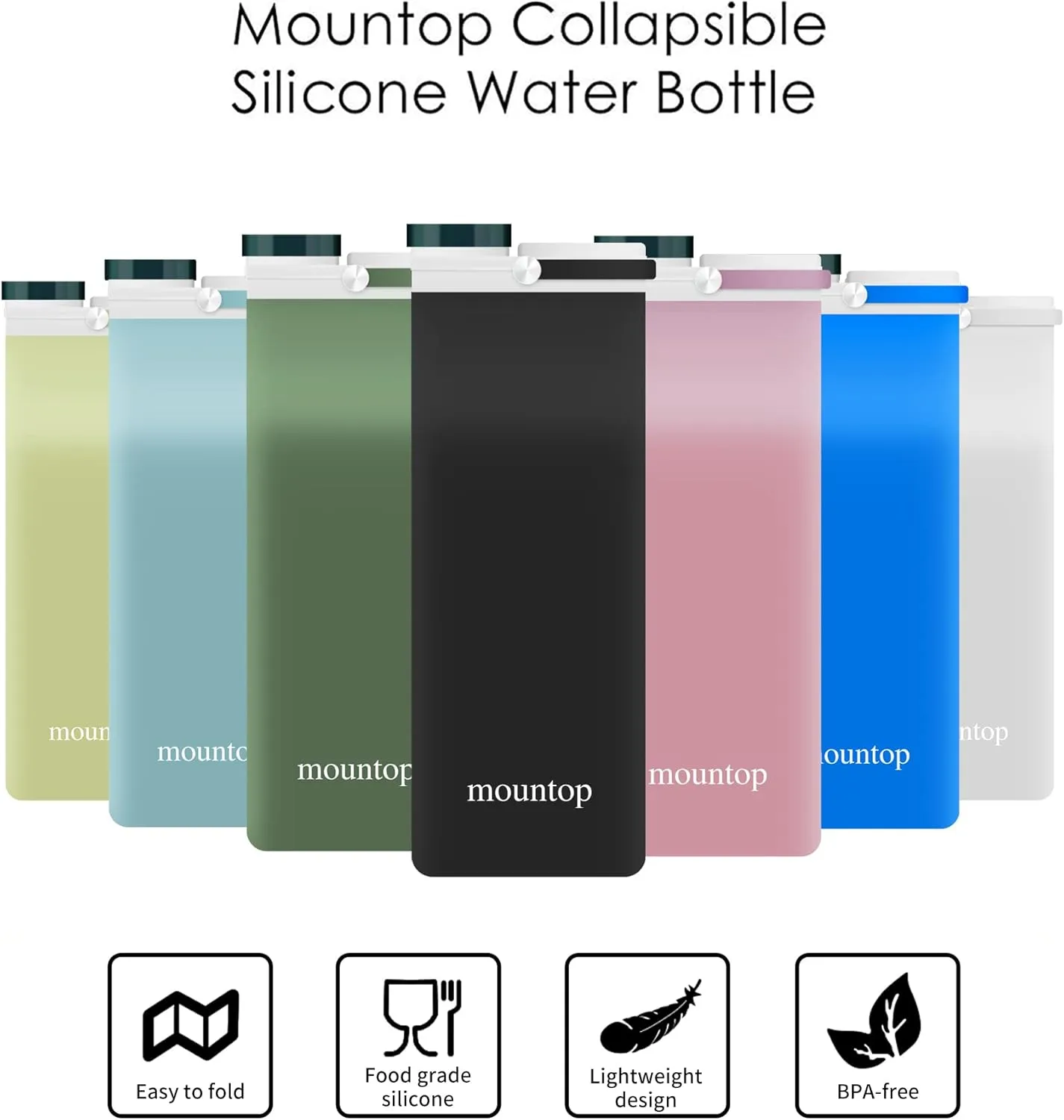 mountop Collapsible Water Bottle, Portable Food Grade Silicone Foldable Travel Reusable Leak Proof Water Bottles for Traveling Running Fitness BPA Free, 20oz, Black