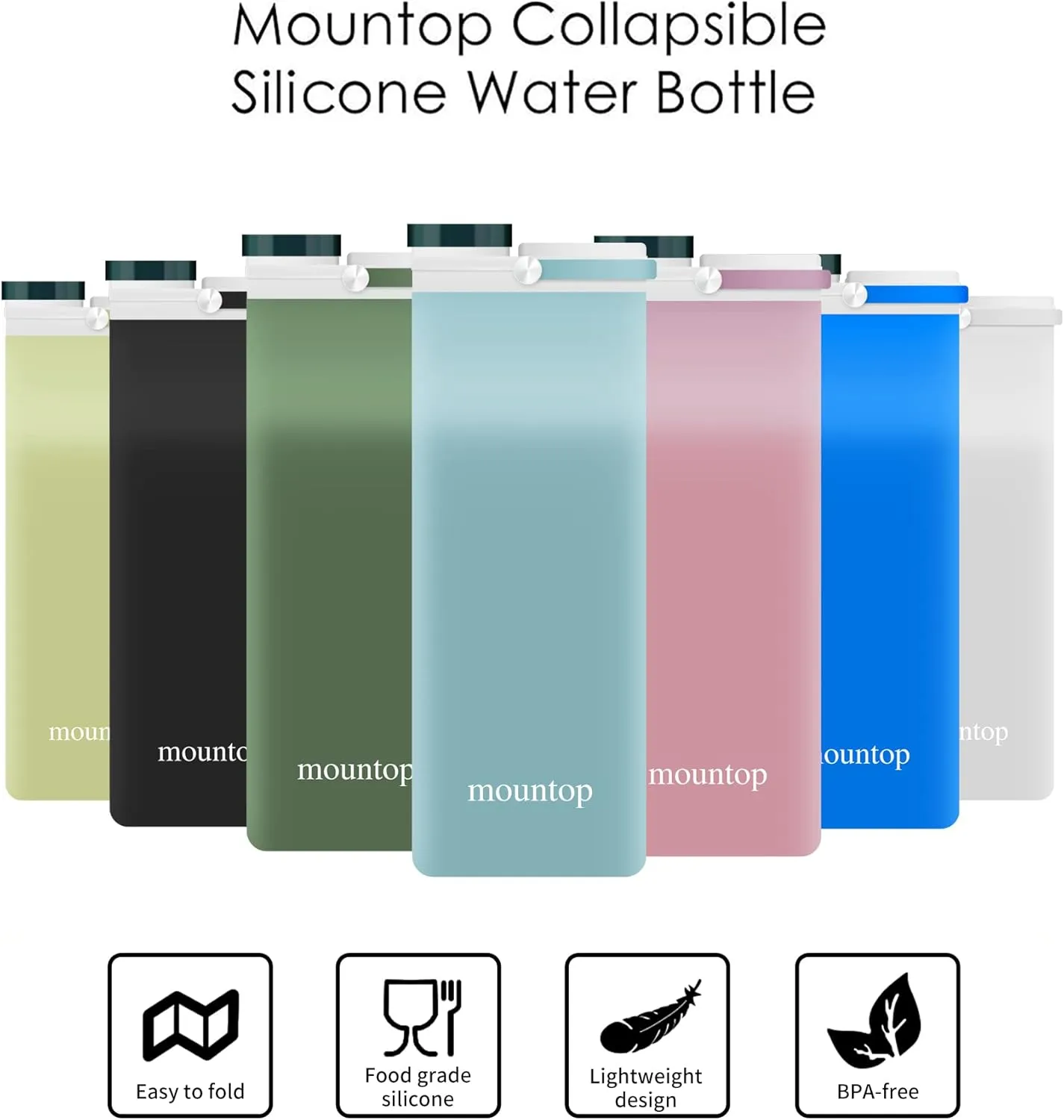 mountop Collapsible Water Bottle, Portable Food Grade Silicone Foldable Travel Reusable Leak Proof Water Bottles for Traveling Running Fitness BPA Free, 20oz, Blue