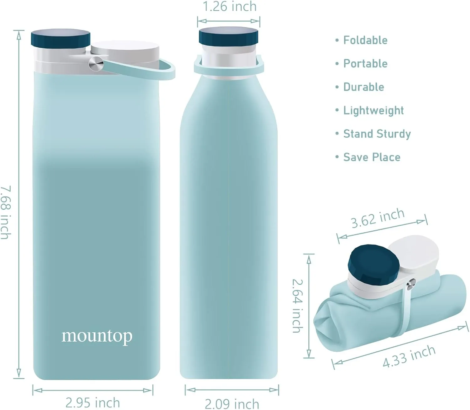 mountop Collapsible Water Bottle, Portable Food Grade Silicone Foldable Travel Reusable Leak Proof Water Bottles for Traveling Running Fitness BPA Free, 20oz, Blue