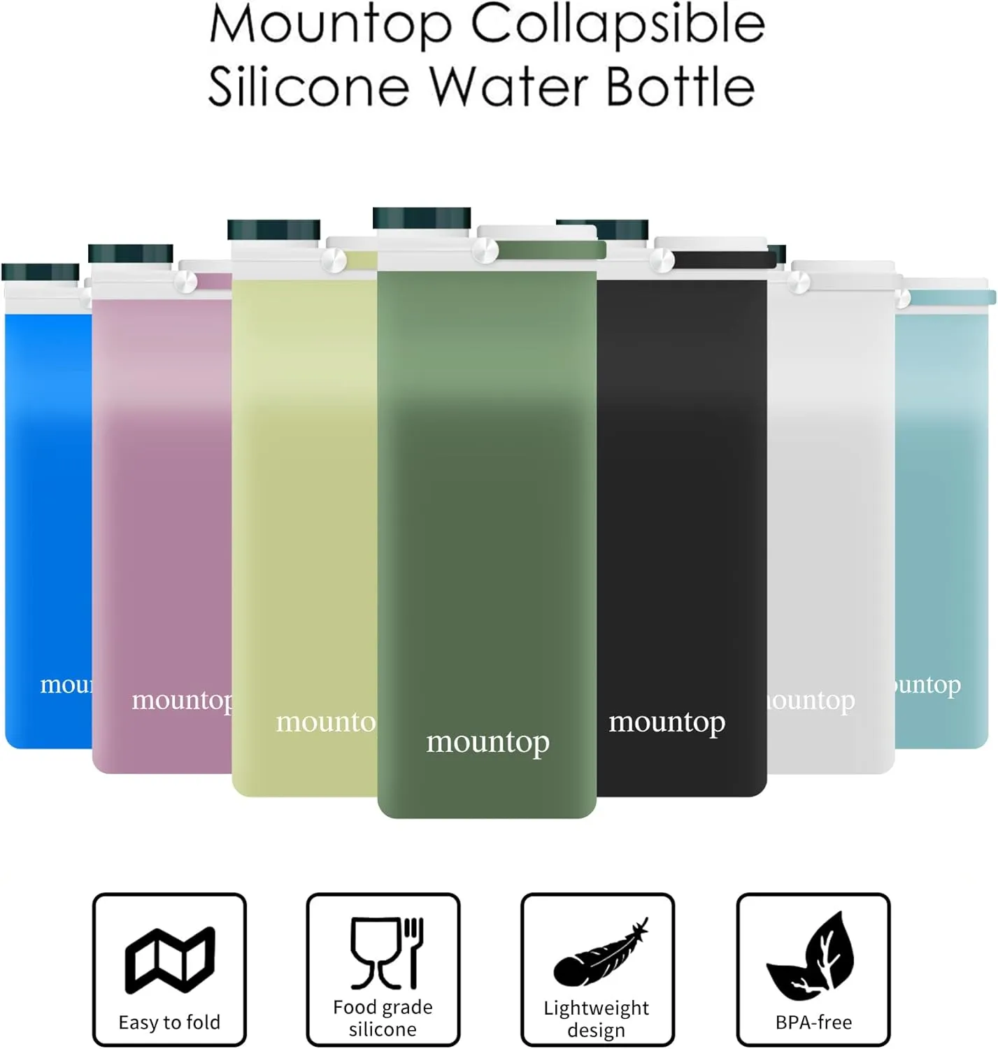 mountop Collapsible Water Bottle, Portable Food Grade Silicone Foldable Travel Reusable Leak Proof Water Bottles for Traveling Running Fitness BPA Free, 20oz, Green