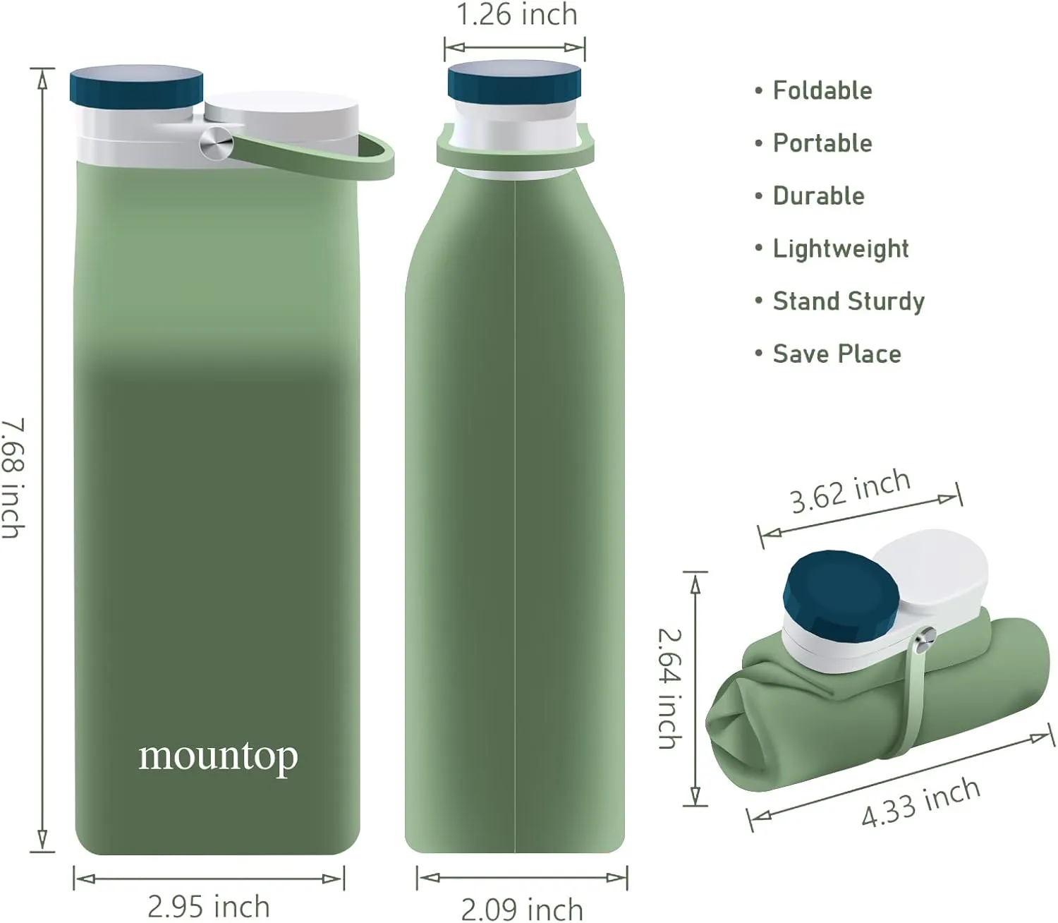 mountop Collapsible Water Bottle, Portable Food Grade Silicone Foldable Travel Reusable Leak Proof Water Bottles for Traveling Running Fitness BPA Free, 20oz, Green