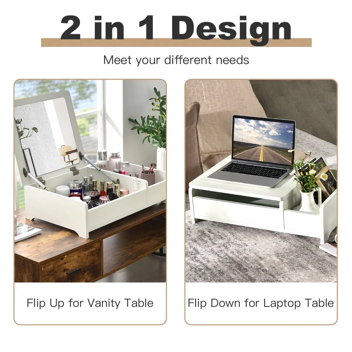 NNECW Countertop Vanity Dresser with Flip-Top Mirror and Multifunctional Storage Box for Bedroom