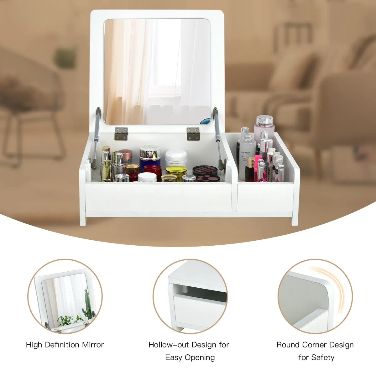 NNECW Countertop Vanity Dresser with Flip-Top Mirror and Multifunctional Storage Box for Bedroom