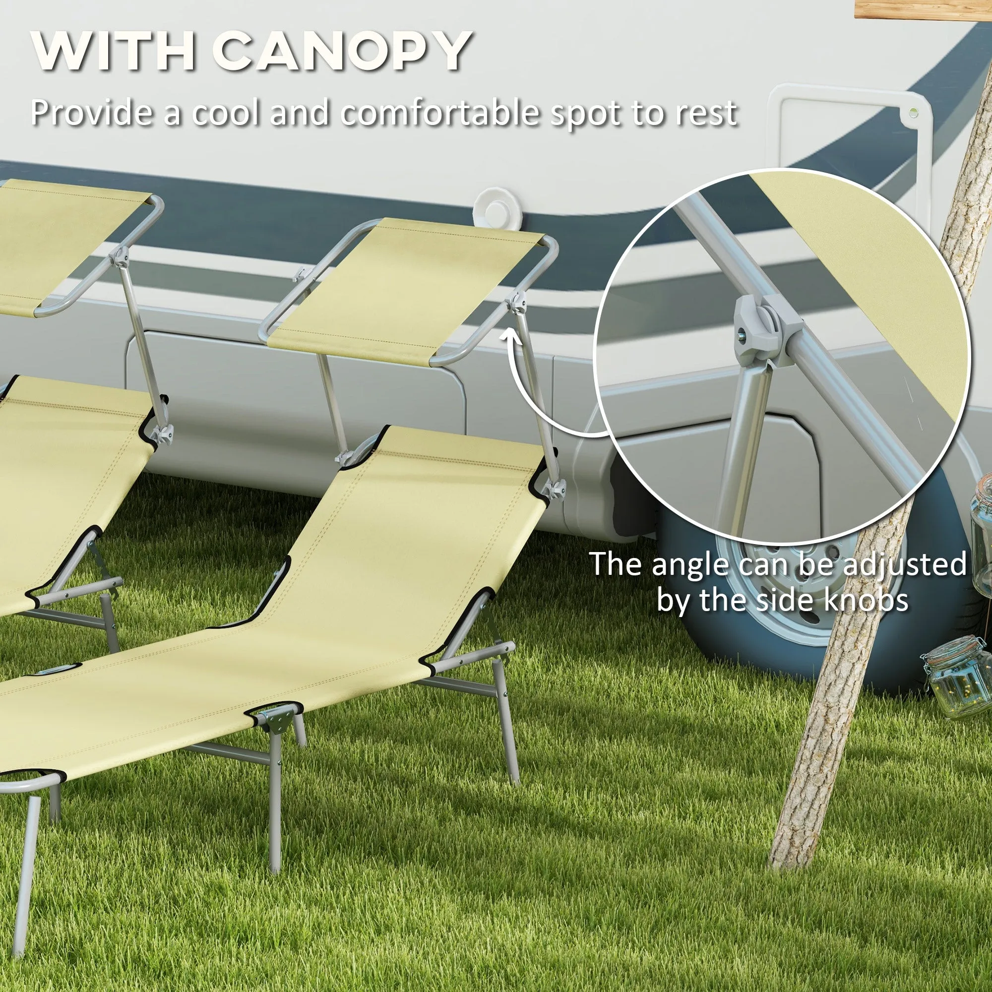 Outdoor Foldable Sun Lounger Set of 2, 4 Level Adjustable Backrest Reclining Sun Lounger Chair with Angle Adjust Sun Shade Awning for Beach, Garden, Patio, Beige