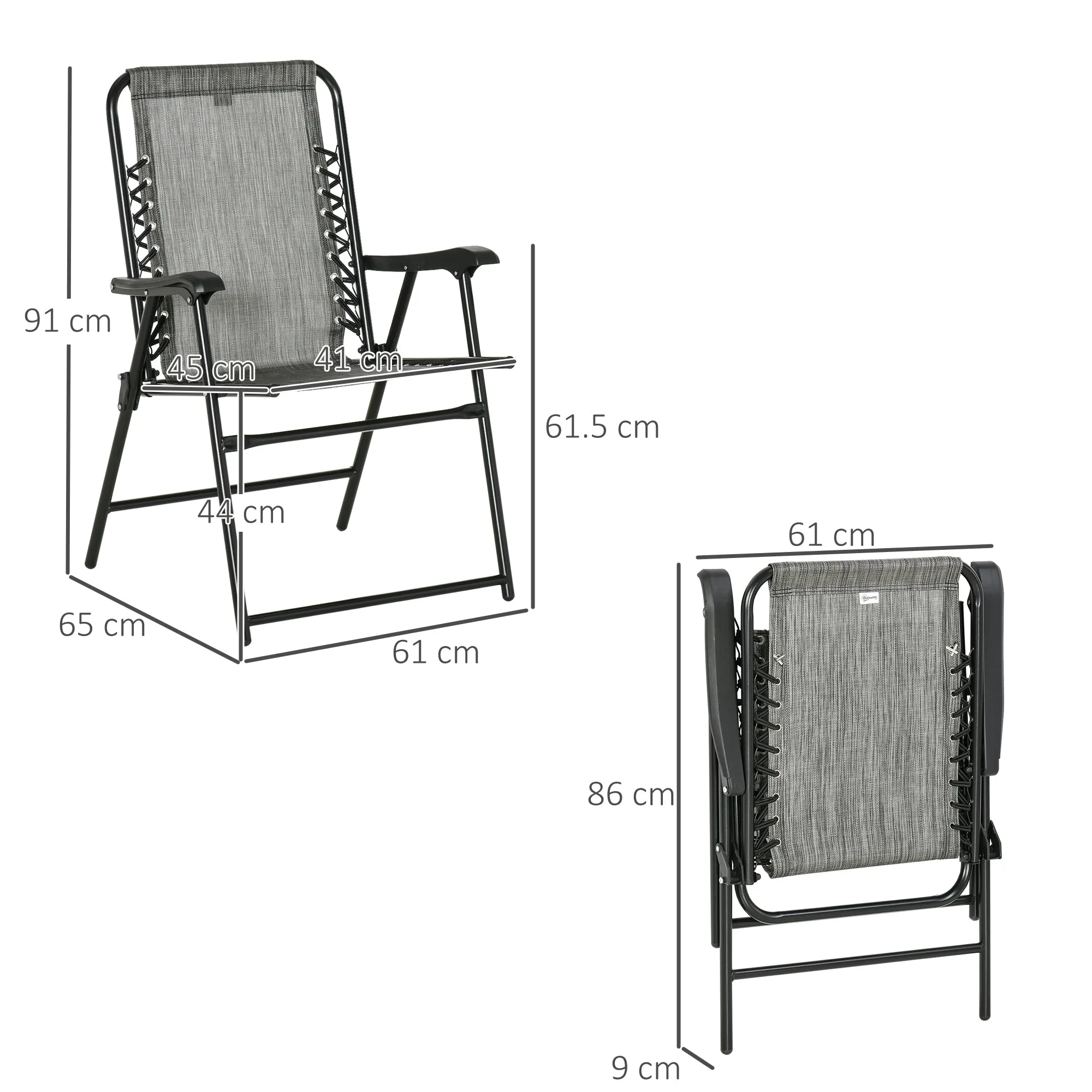 Outsunny 2 Pieces Foldable Chair Set, Outdoor Portable Loungers for Camping Pool Beach Deck, Lawn Chairs with Armrest Steel Frame, Grey