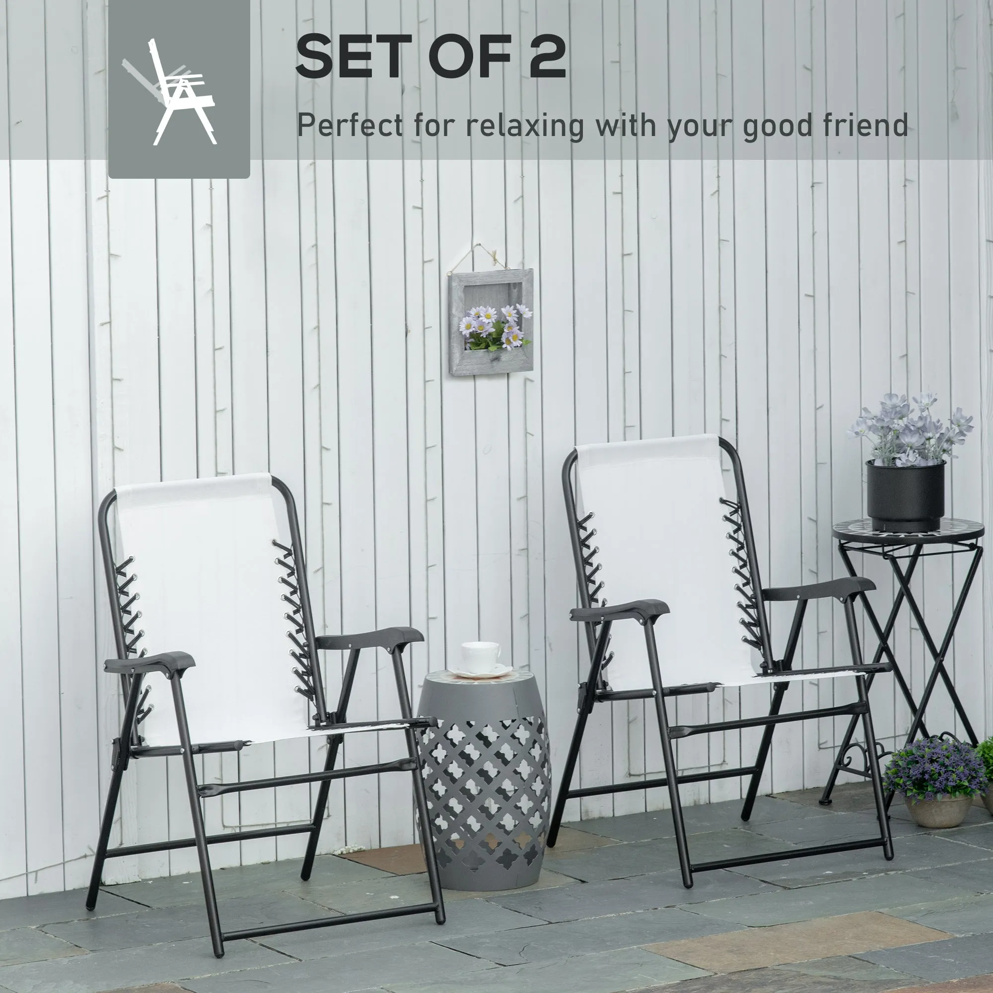 Outsunny 2Pcs Outdoor Patio Folding Chairs, Portable Garden Loungers Cream White