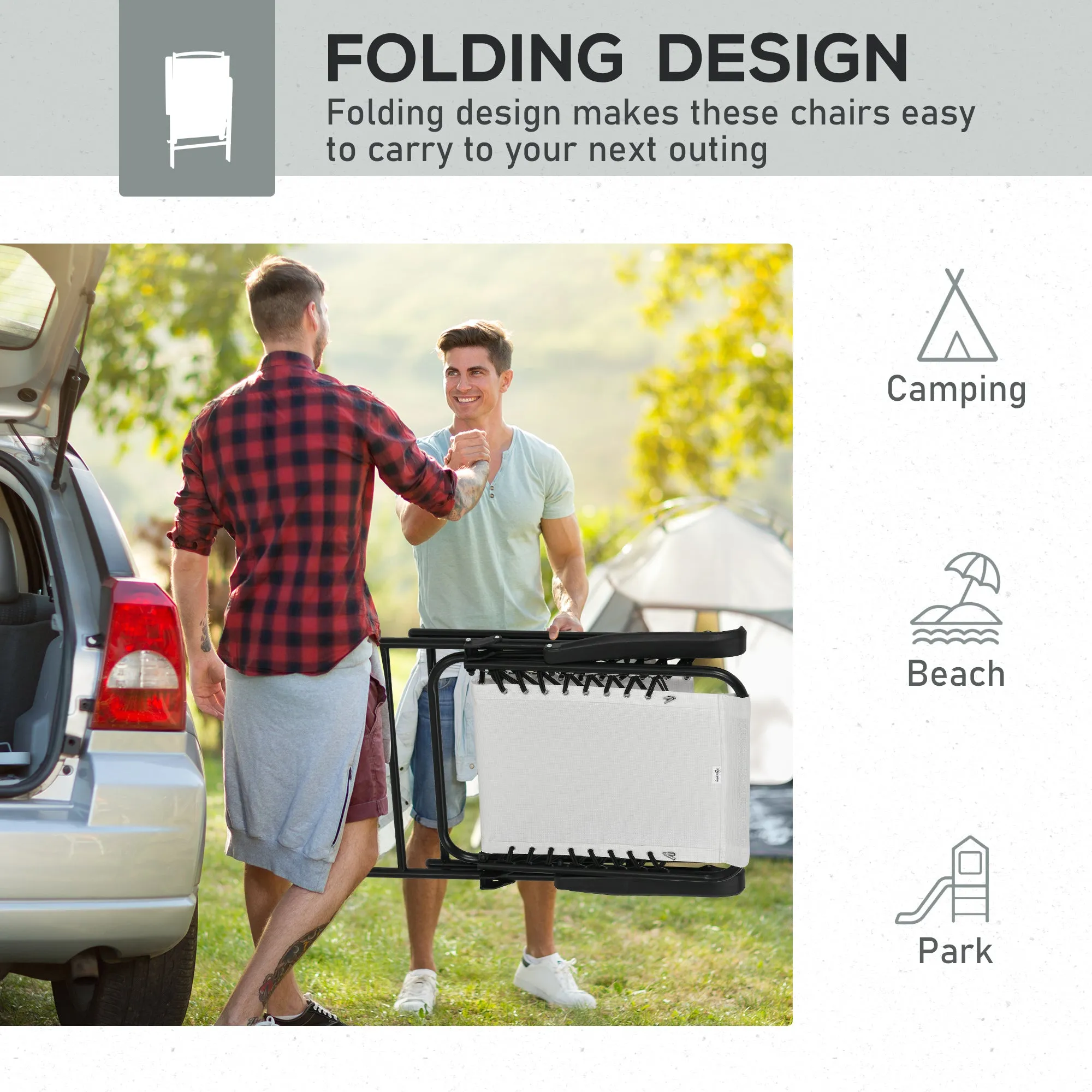 Outsunny 2Pcs Outdoor Patio Folding Chairs, Portable Garden Loungers Cream White