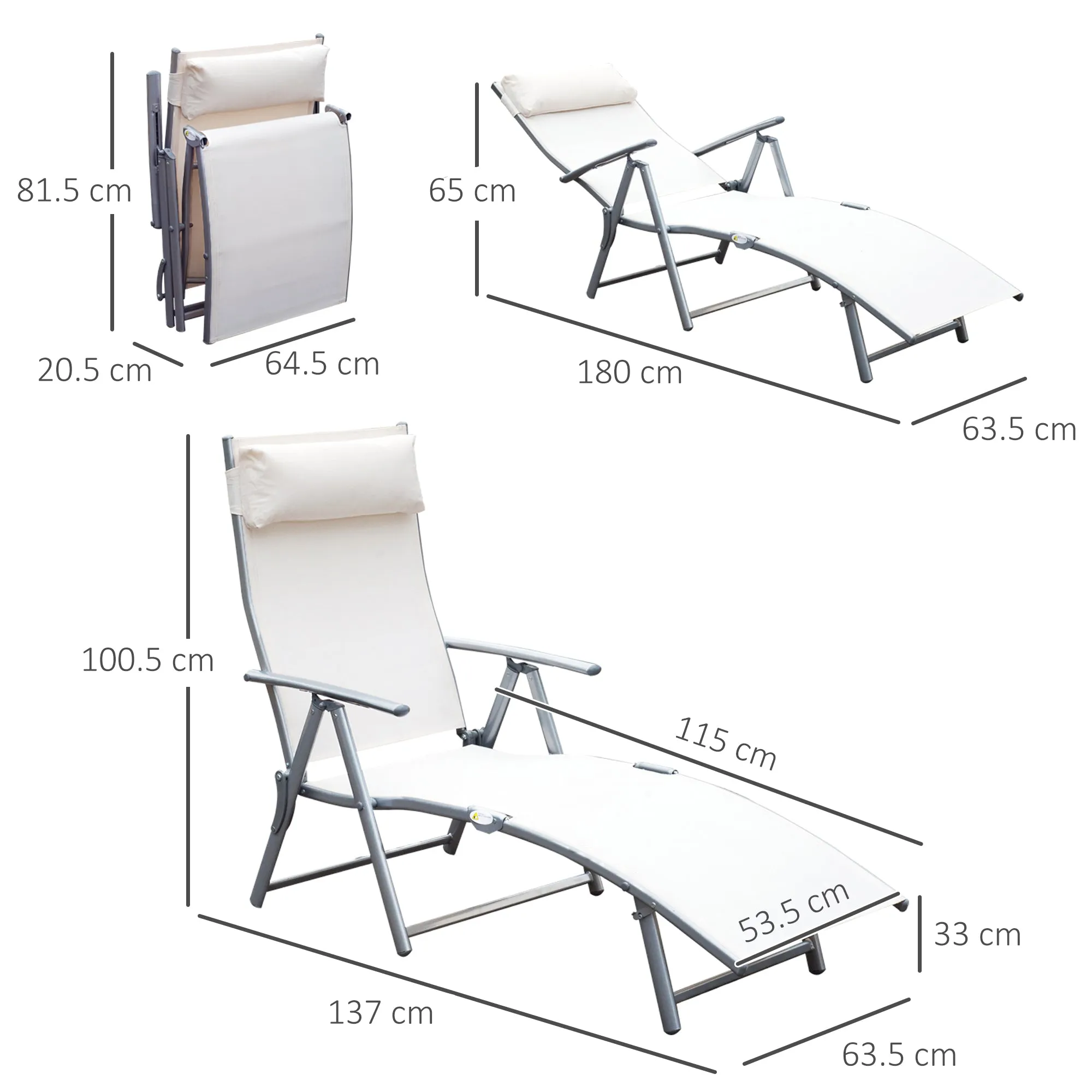 Outsunny Sun Lounger Recliner Foldable 7 Levels Texteline Cream White