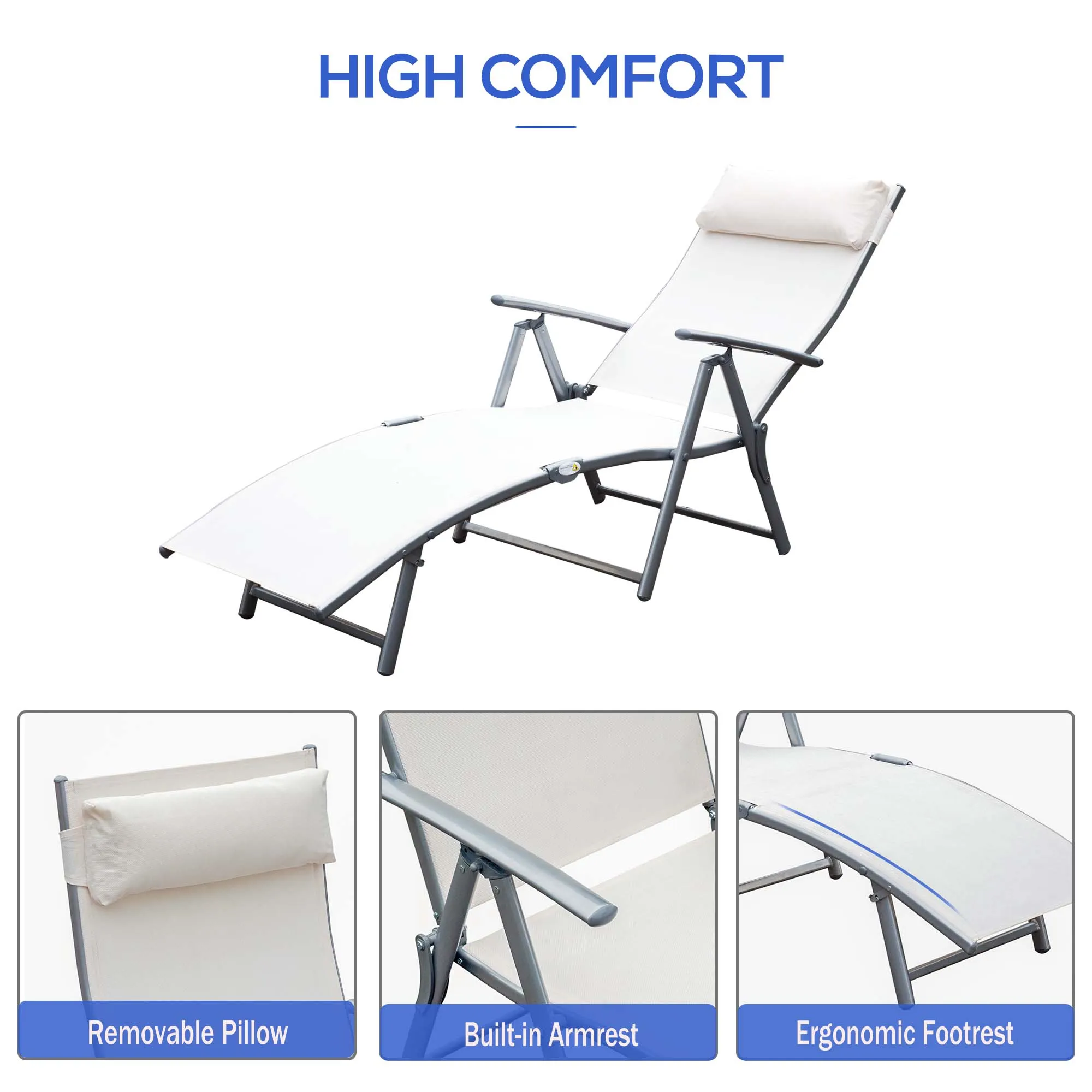 Outsunny Sun Lounger Recliner Foldable 7 Levels Texteline Cream White