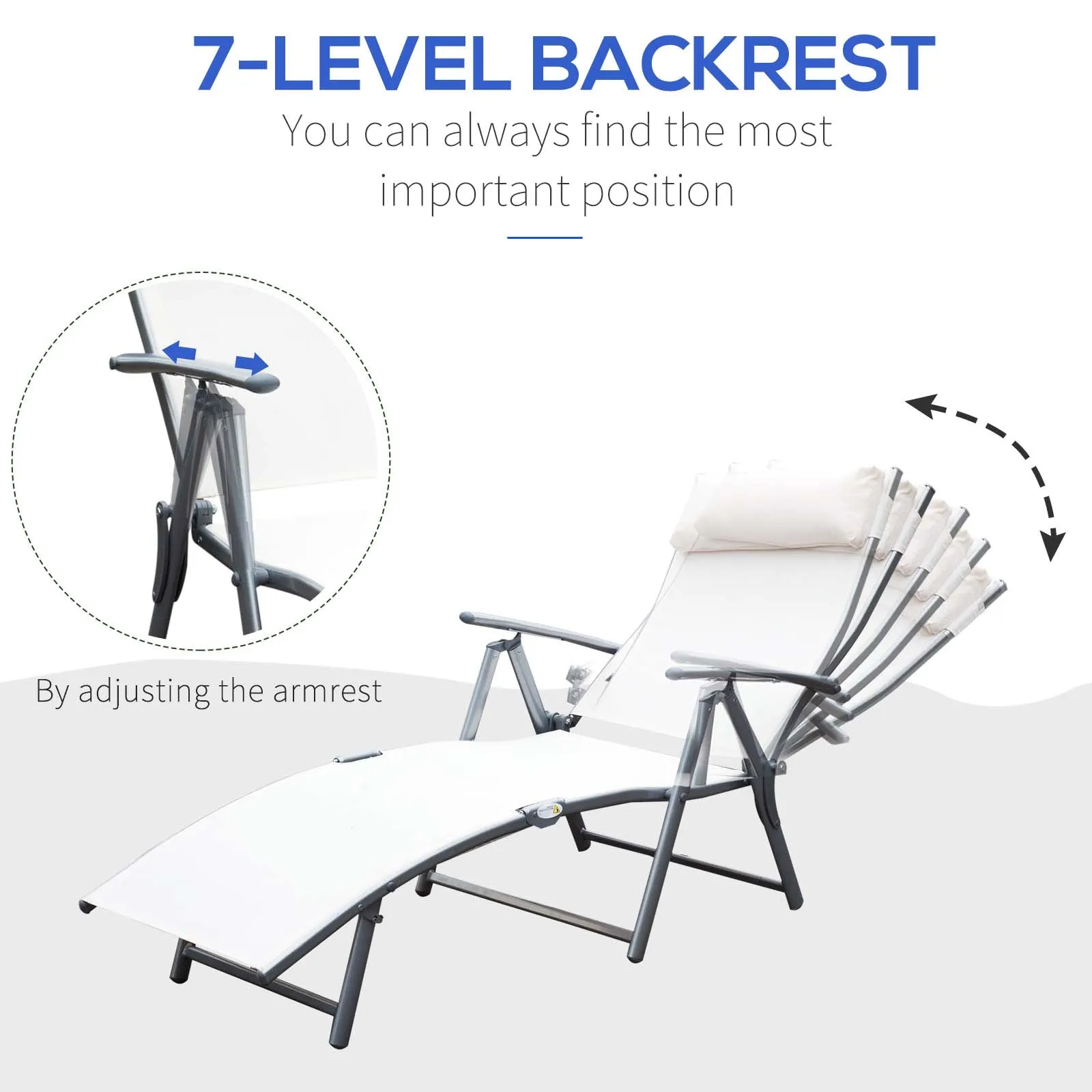 Outsunny Sun Lounger Recliner Foldable 7 Levels Texteline Cream White