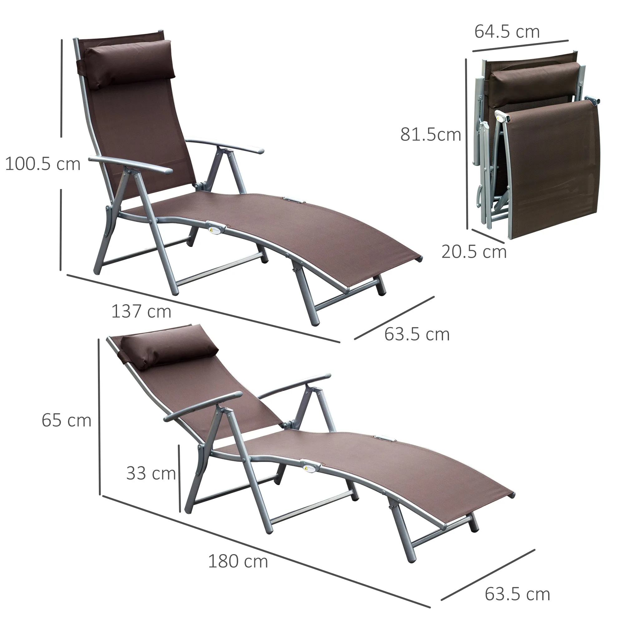 Outsunny Sun Lounger Recliner w/ Pillow Foldable 7 Levels Texteline Brown