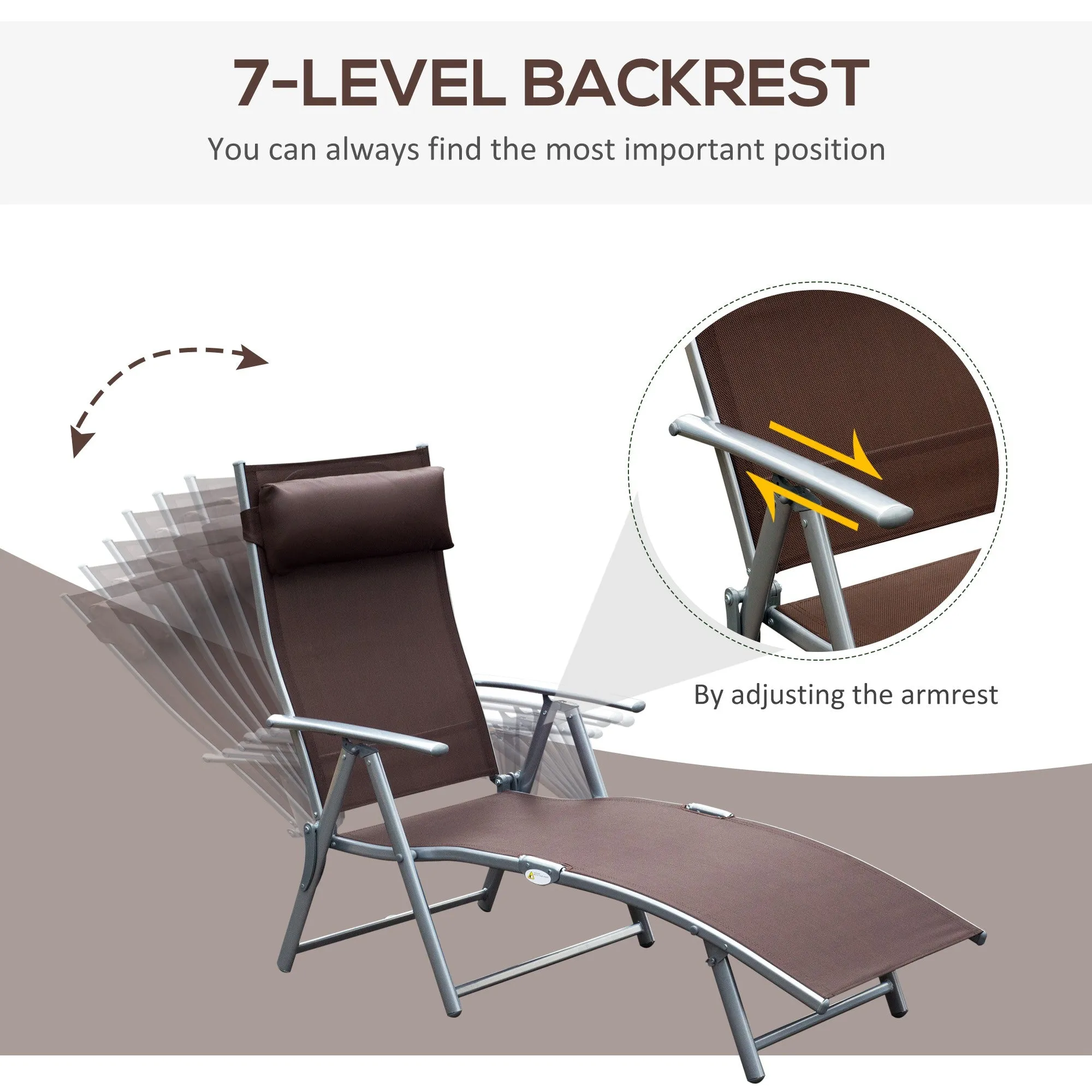 Outsunny Sun Lounger Recliner w/ Pillow Foldable 7 Levels Texteline Brown