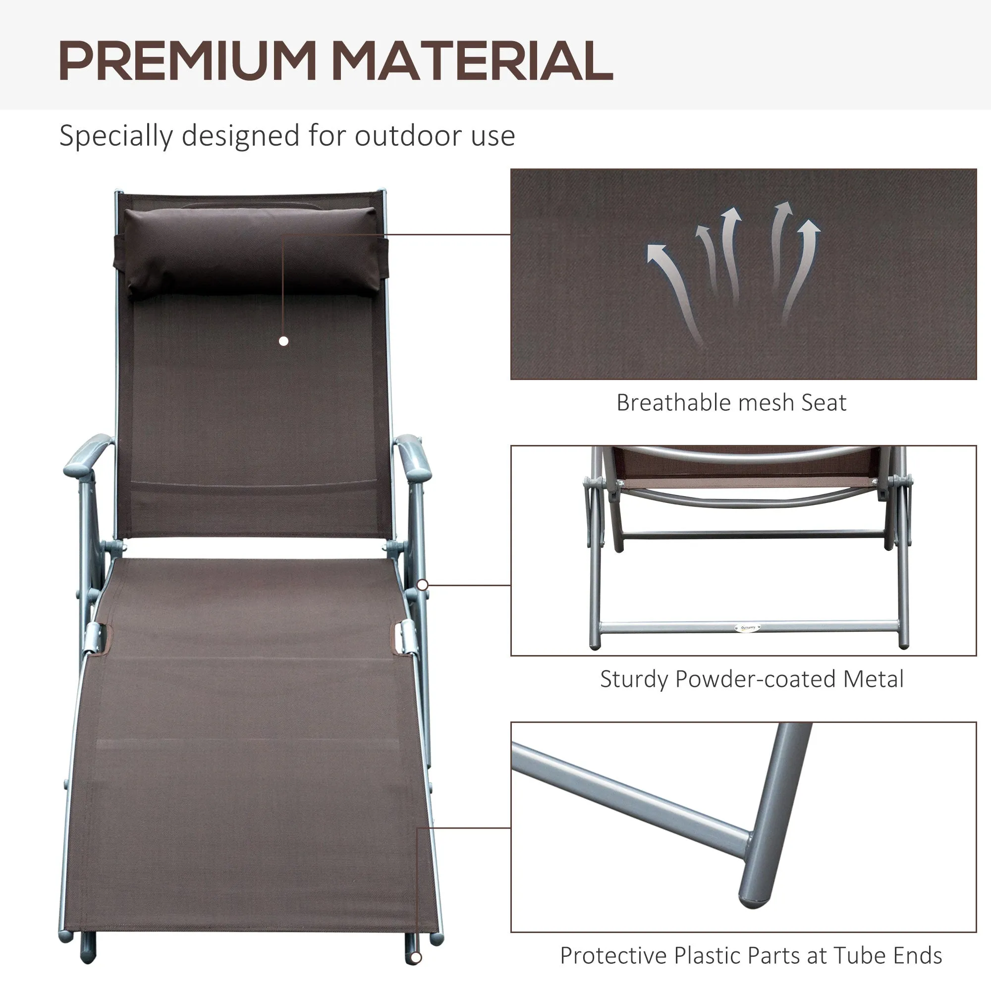 Outsunny Sun Lounger Recliner w/ Pillow Foldable 7 Levels Texteline Brown