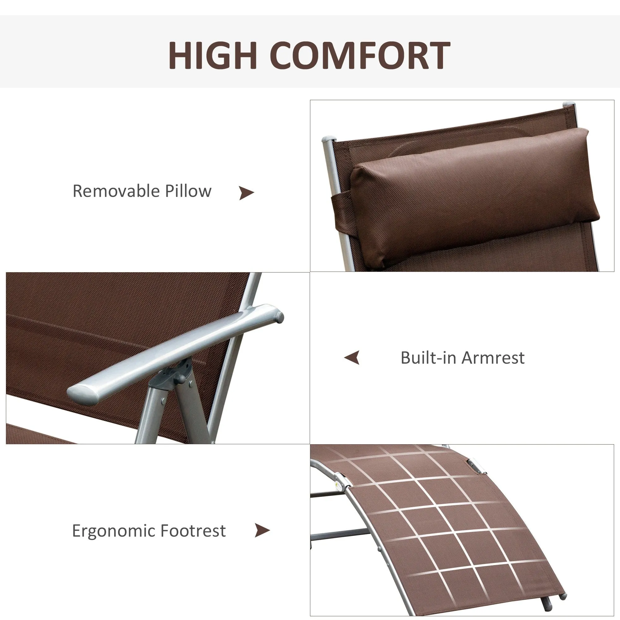 Outsunny Sun Lounger Recliner w/ Pillow Foldable 7 Levels Texteline Brown