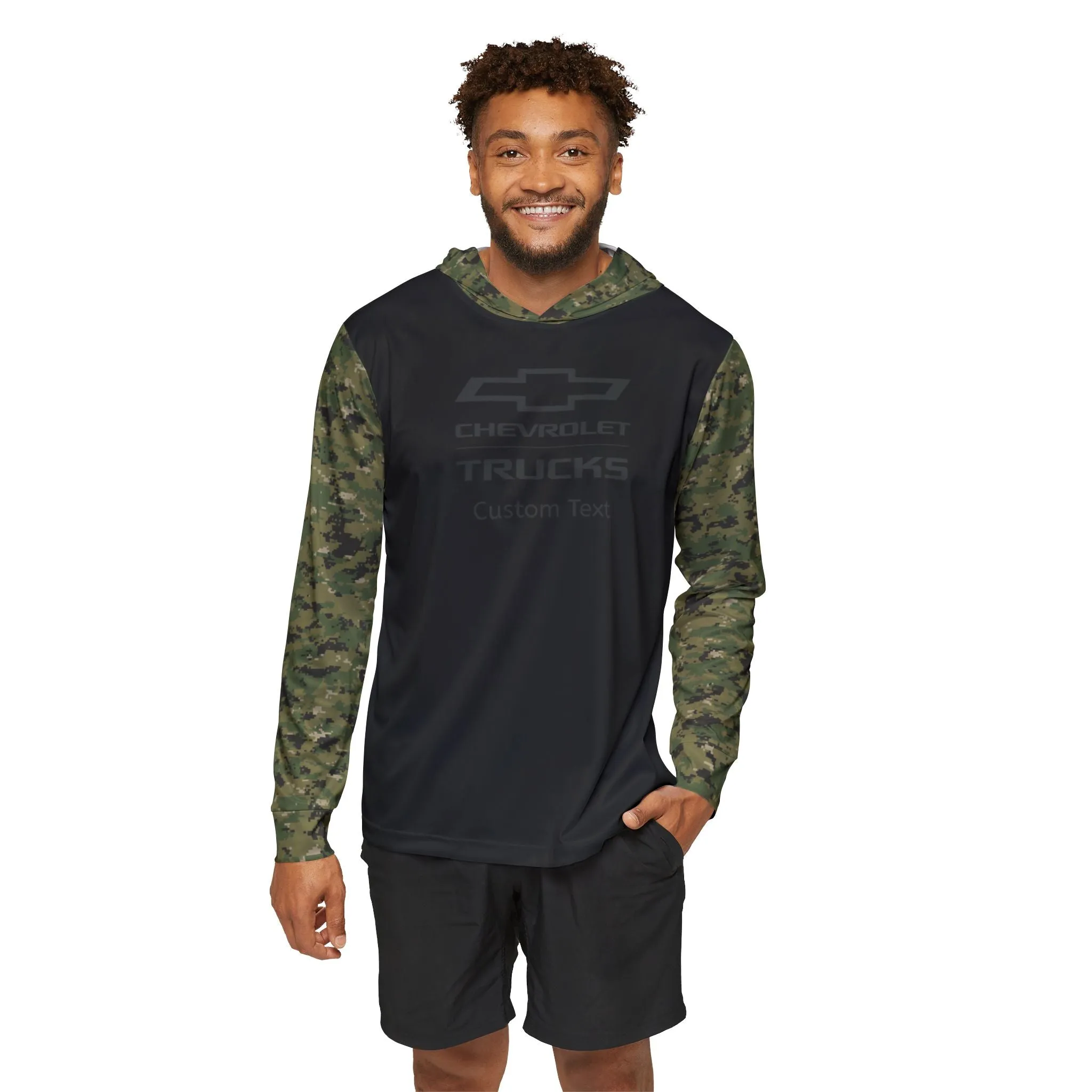 Personalized GM Chevrolet Trucks Bowtie Logo Men's Digital Camo Sports Warmup Hoodie, UPF 50  Sun Protection, Moisture-Wicking, Lightweight Activewear for Chevy Truck Enthusiasts