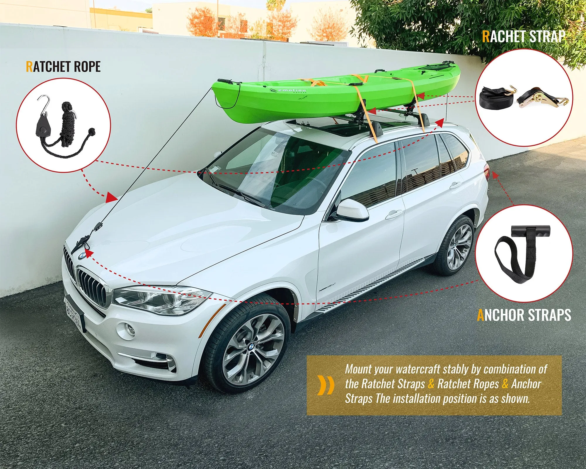Saddle Rack for Kayak Carrier Canoe with Stainless Steel Base, Ratchet Straps, Ratchet Bow and Stern Tie Down Straps & Anchor Straps(‎KSX-405-BLK)