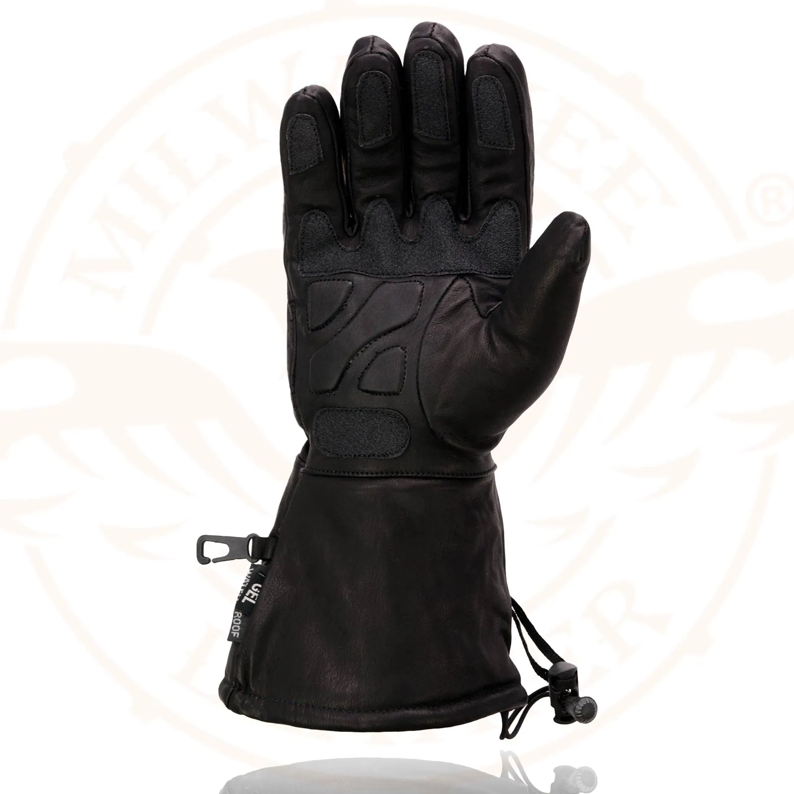 SH292 Men's Black Gauntlet Motorcycle Hand Gloves-Black Leather Waterproof Gel Palm Soft
