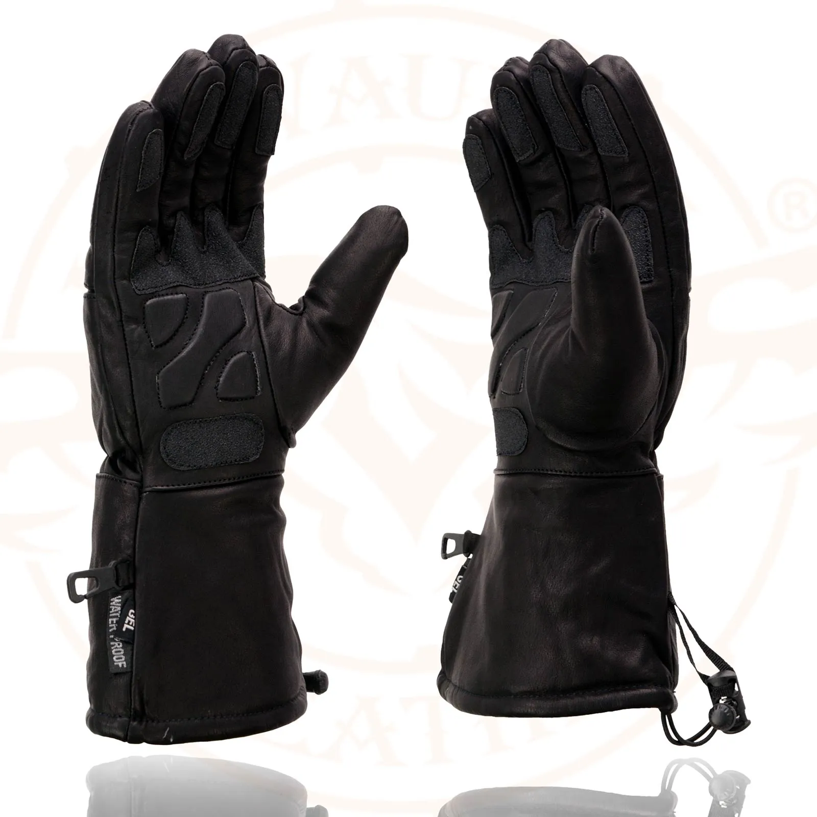 SH292 Men's Black Gauntlet Motorcycle Hand Gloves-Black Leather Waterproof Gel Palm Soft