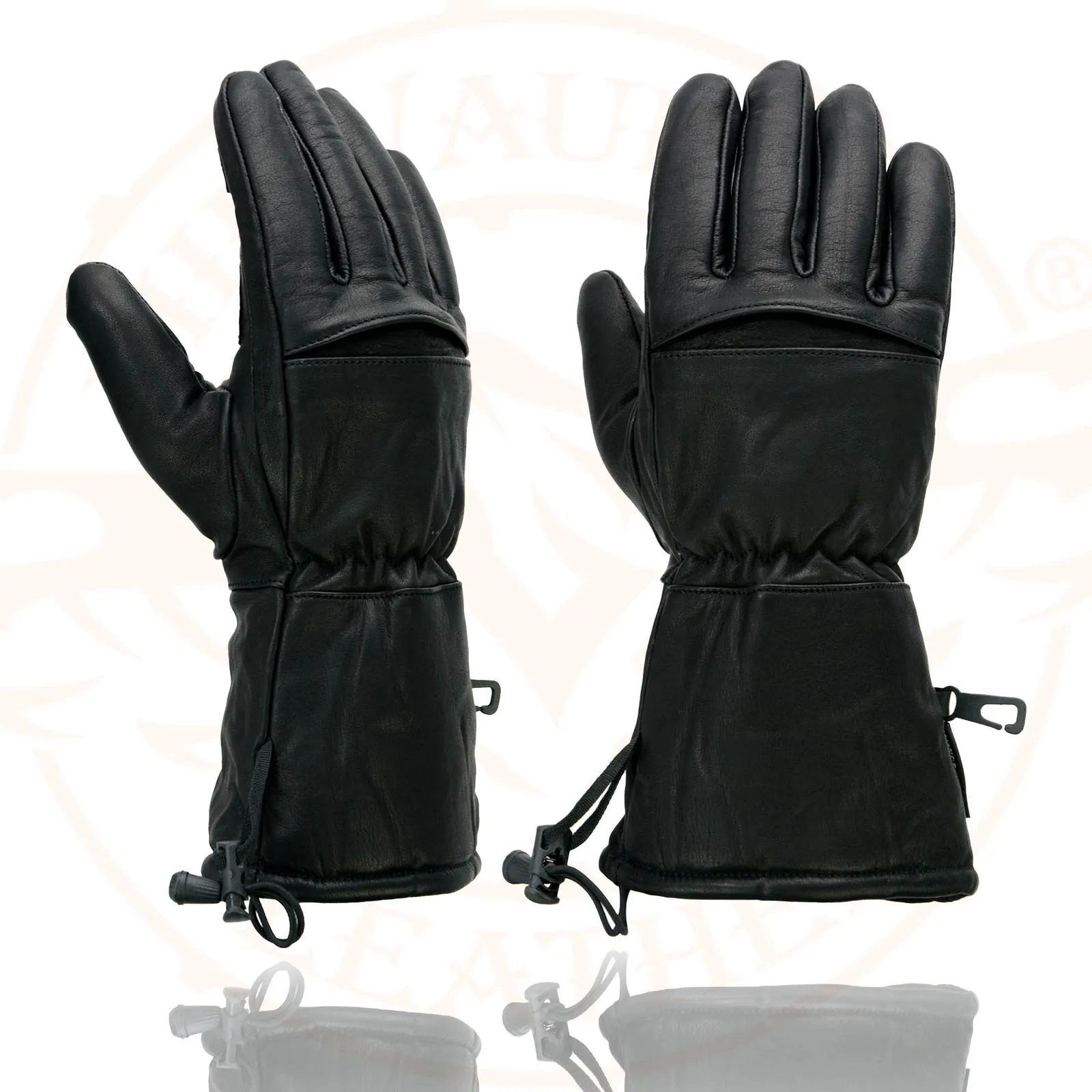 SH292 Men's Black Gauntlet Motorcycle Hand Gloves-Black Leather Waterproof Gel Palm Soft
