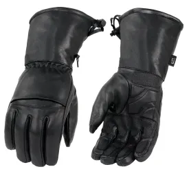 SH292 Men's Black Gauntlet Motorcycle Hand Gloves-Black Leather Waterproof Gel Palm Soft