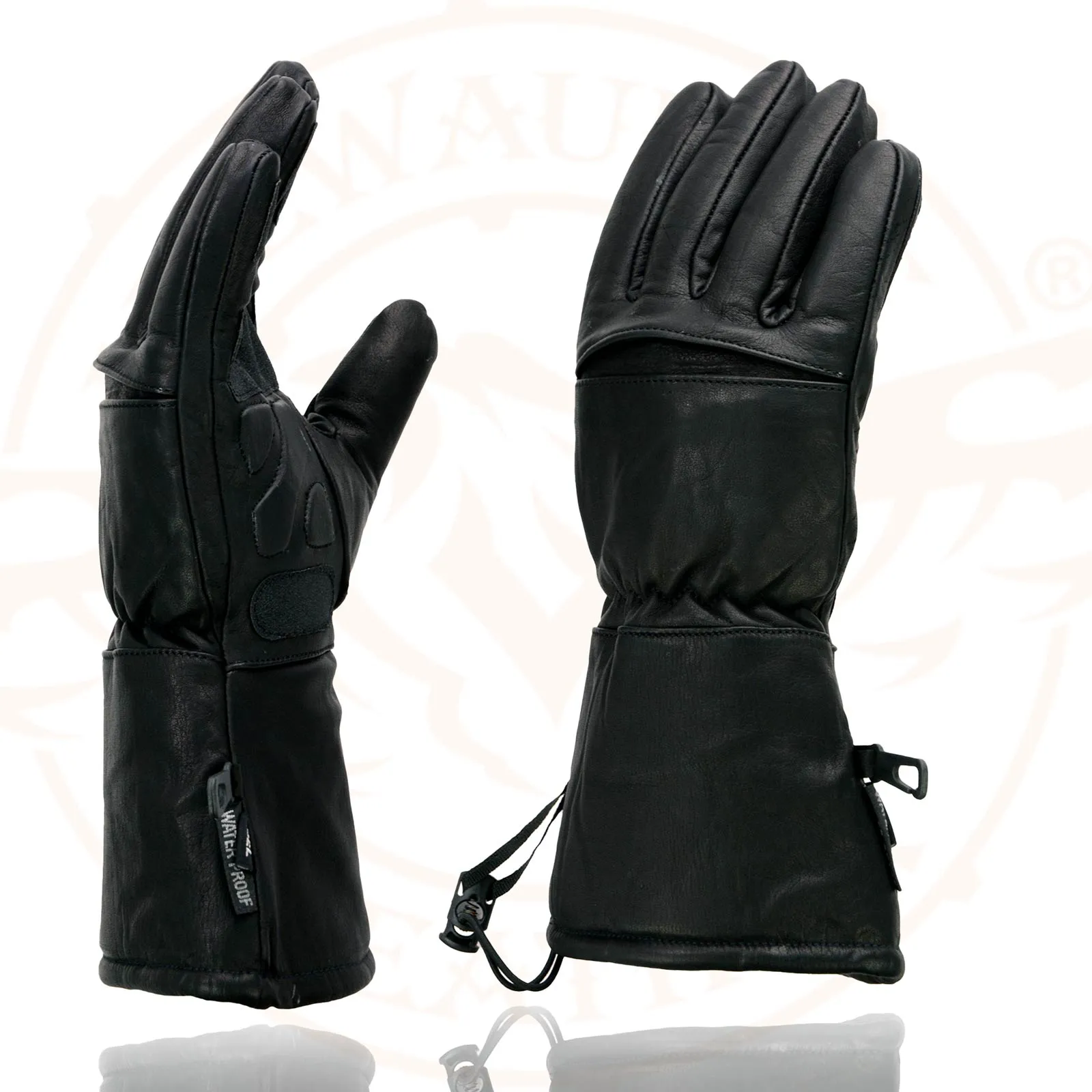 SH292 Men's Black Gauntlet Motorcycle Hand Gloves-Black Leather Waterproof Gel Palm Soft