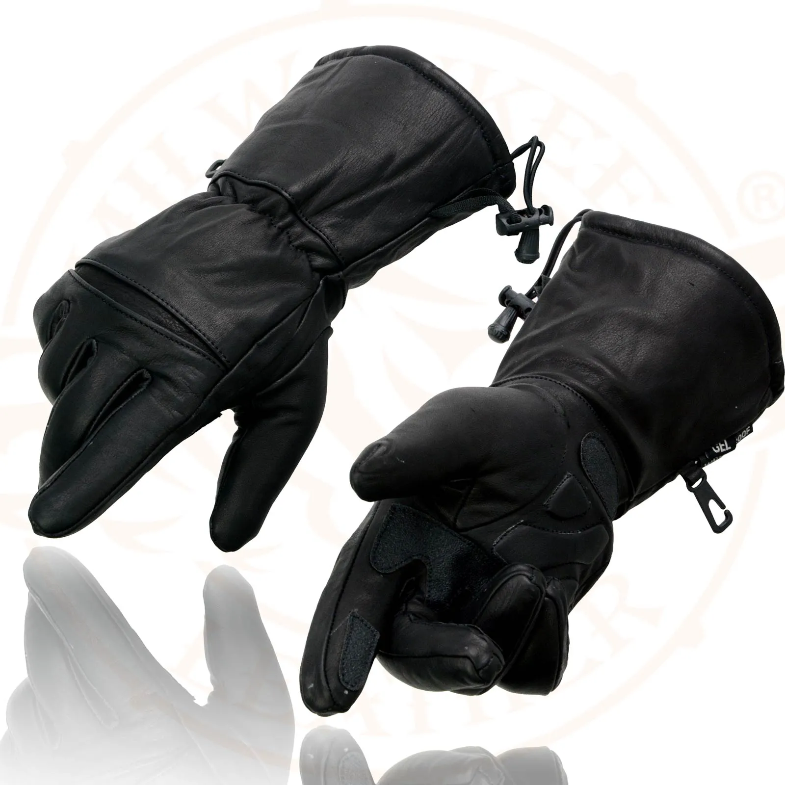 SH292 Men's Black Gauntlet Motorcycle Hand Gloves-Black Leather Waterproof Gel Palm Soft