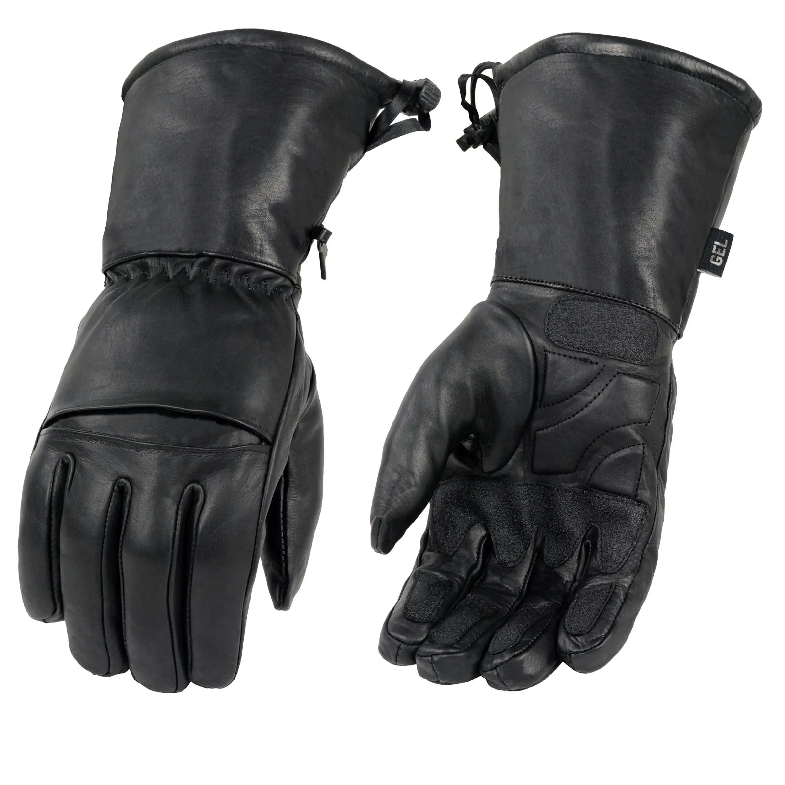 SH292 Men's Black Gauntlet Motorcycle Hand Gloves-Black Leather Waterproof Gel Palm Soft
