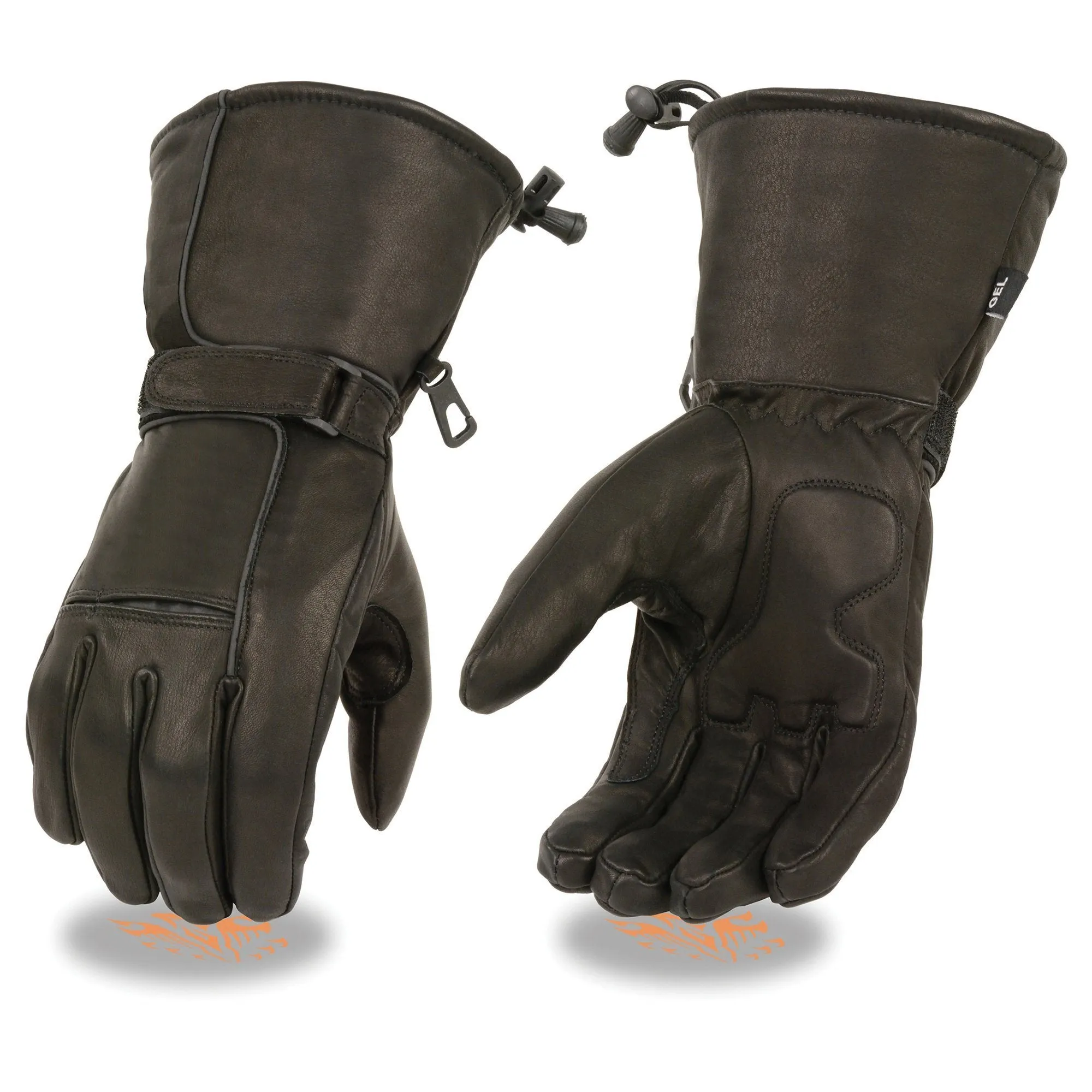 SH873 Milwaukee Leather Men's Black Soft Leather Gauntlet Motorcycle Hand Gloves-Waterproof Gel Palm Reflective Piping SH873