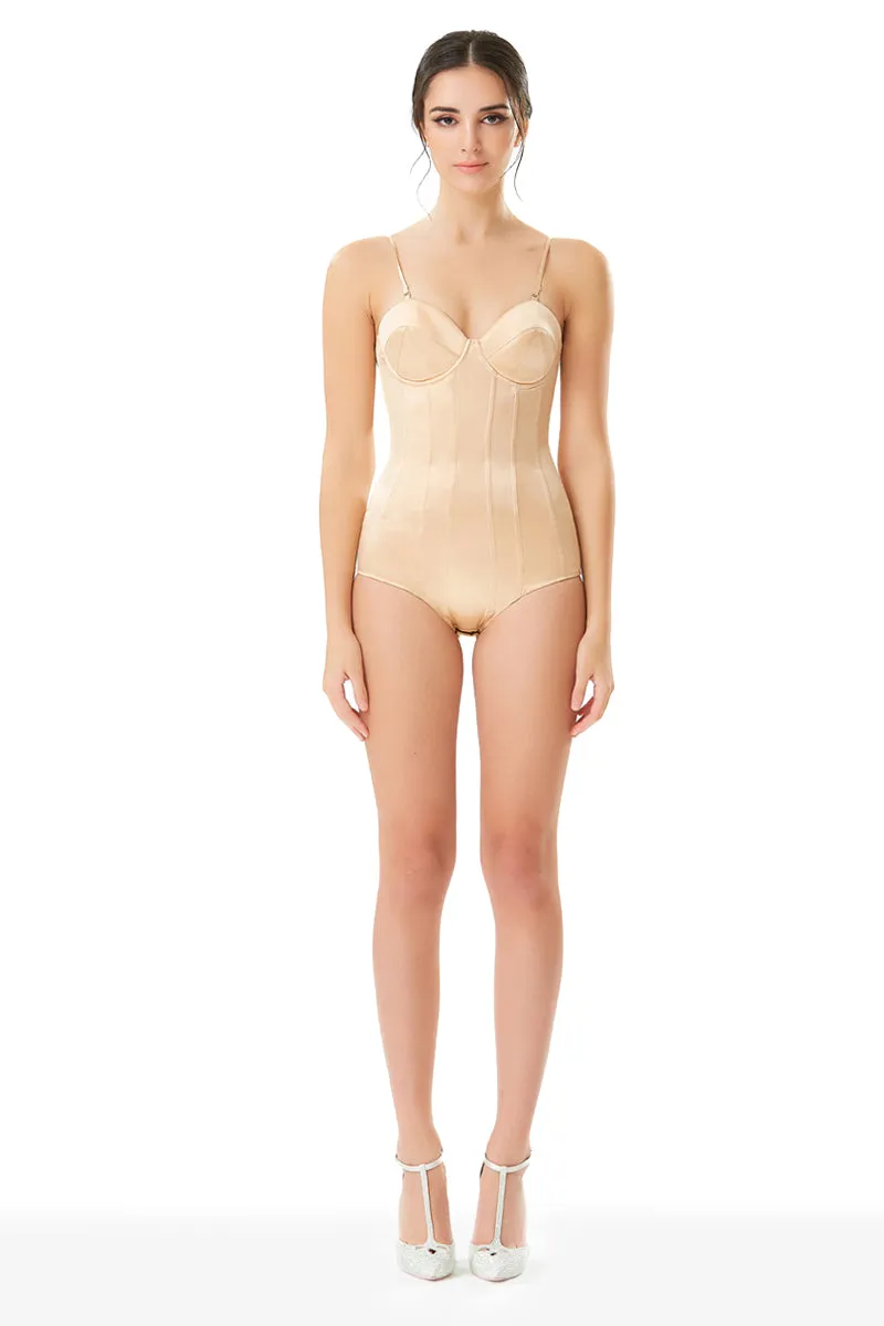 Silk Satin Corseted Bodysuit in Champagne