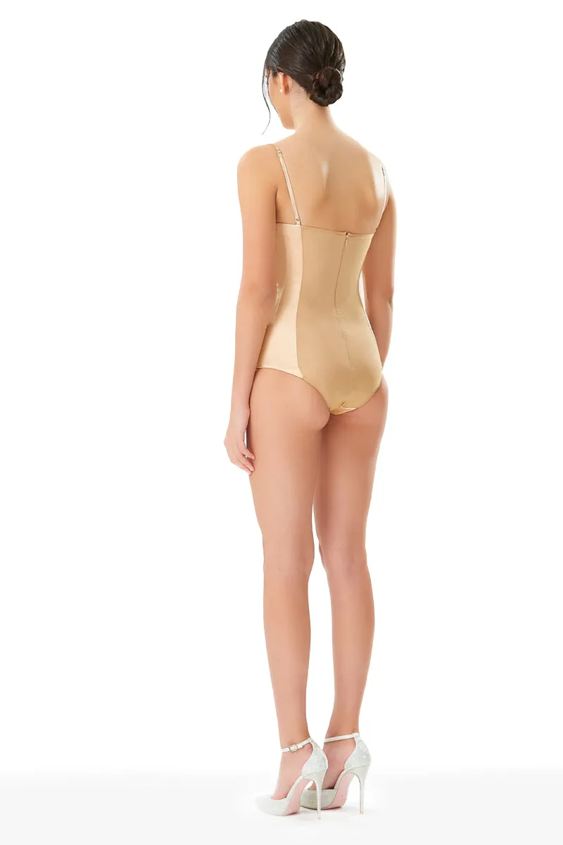 Silk Satin Corseted Bodysuit in Champagne