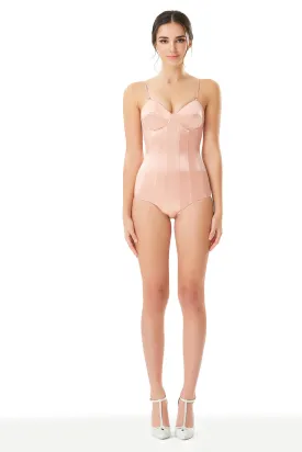 Silk Satin Corseted Bodysuit in Pink