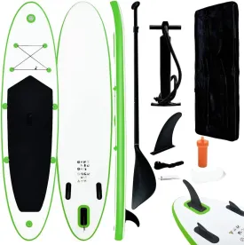 Sturdy Inflatable Stand Up Paddle Board Set for Outdoor Fun, Includes Oar and Carrying Bag, Green and White